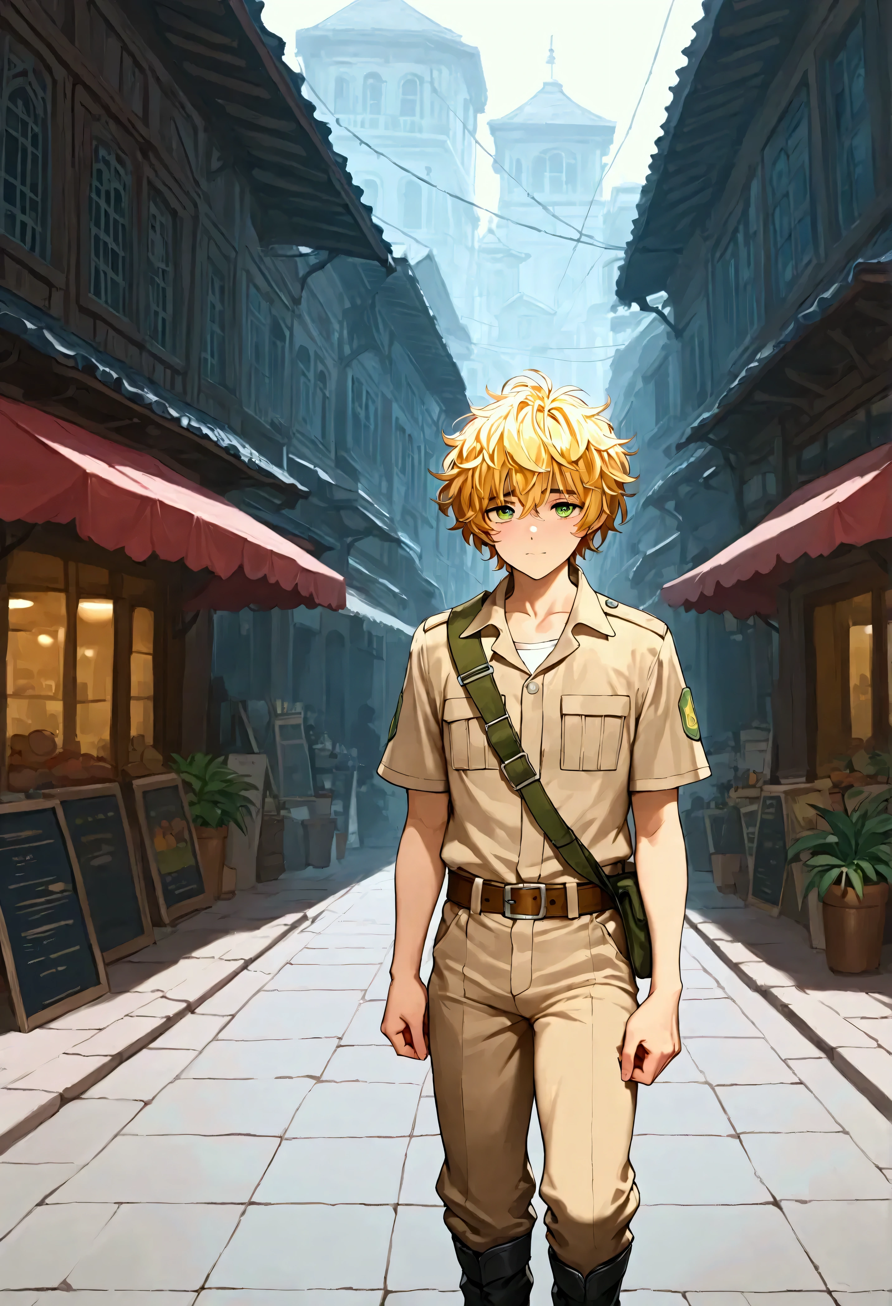 1boy, solo, shine tan skin, yellow hair, short messy hair, tear, khaki boyscout uniform, green eyes, shopping street, wooden buildings, western, masterpiece, best quality, cinematic lighting, black boots