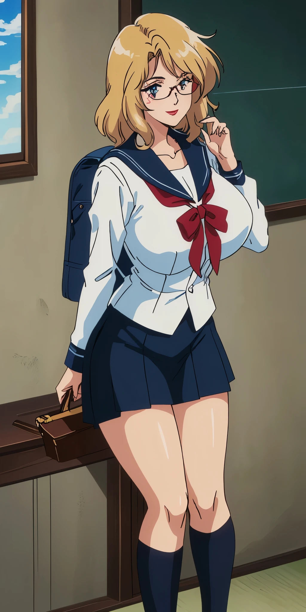 Young woman drawn in 80’s anime art style.
Retro anime. Vintage Anime. Classical Anime.
She has long and wavy blonde hair, blue eyes, full lips, and a beauty mark located under the right side of her mouth. She is well known for her curvaceous figure of which her most distinctive trait is her very large breasts. She is also wearing round glasses and a seductive smile.
She is wearing a sailor fuku (セーラー服, sērā fuku, sailor outfit) is a common japanese style of uniform worn by women, traditionally by high school female students.
The uniform generally consists of a sailor-styled blouse attached with a (Navy blue sailor-style collar) and a Dark Navy Blue Sailor Blouse. The length of the long skirt goes down past her ankle.
A ribbon is tied in the front and laced through a loop attached to the sailor blouse. The color is the ribbon is red. (RED RIBBON)
(Dark Navy Blue Sailor Shirt)
(Dark Navy Pleated Skirt)
She is holding a brown briefcase and wearing a backpack.
She is visiting a High School.
(Solo)