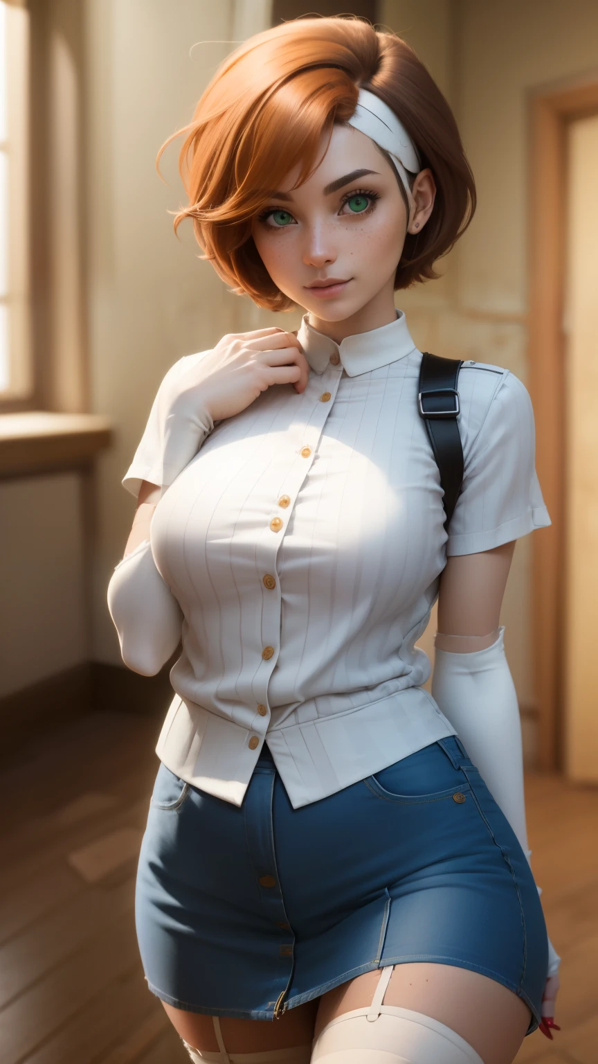 (Muscular:2.6), (thick thighs:2.4),
(ginger female:1.5), (blunt bangs, long red hair), (adult), beauty mark, (pale skin),
(glasses:1.2), earrings, eyeshadow, lipstick,
detailed eyes, (big smile:1.5),
(hard nipples), (small perky breasts:1.5),
choker, (choker, tucked-in white button up, rolled up sleeves, cleavage, flared skirt:1.8),
(upper body view), (looking at viewer), (three quarter view:1.4),
office, rim lighting, two tone lighting, dimly lit