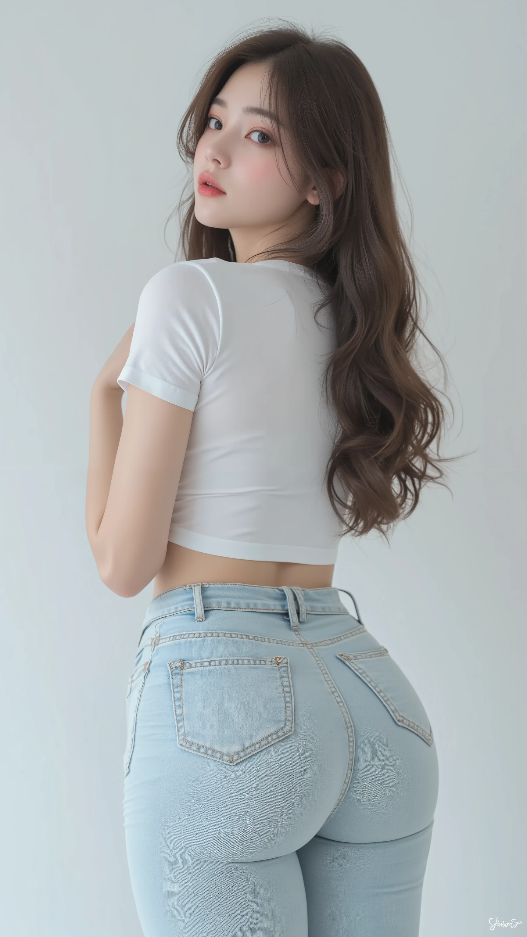 best quality, masterpiece, (realistic:1.2), 1 girl, brown hair, brown eyes,Front, detailed face, beautiful eyes, (Looking from below the crotch, I see pussy:1.4)