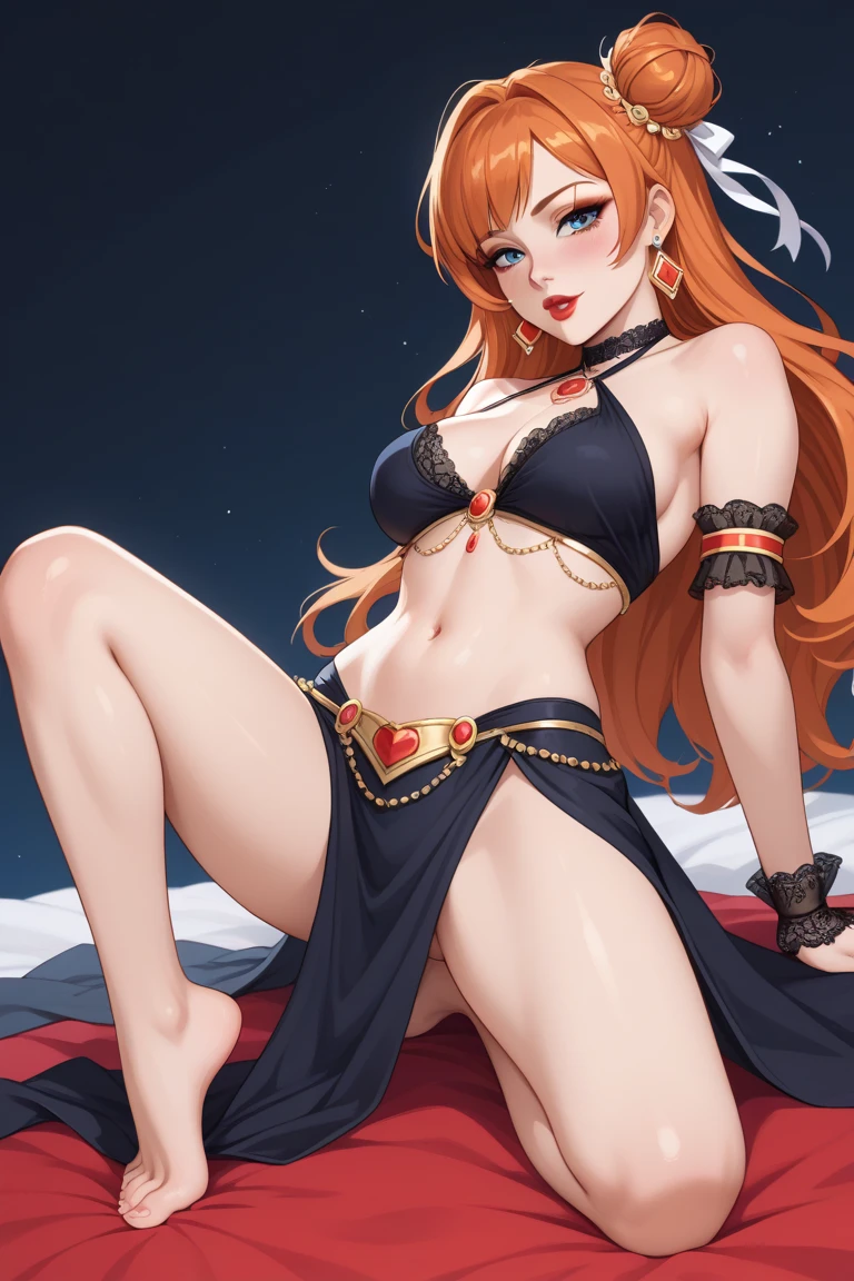 tribal clothing, fur bikini, primeval woman, red hair, confused, voluptuous, lying on a bed