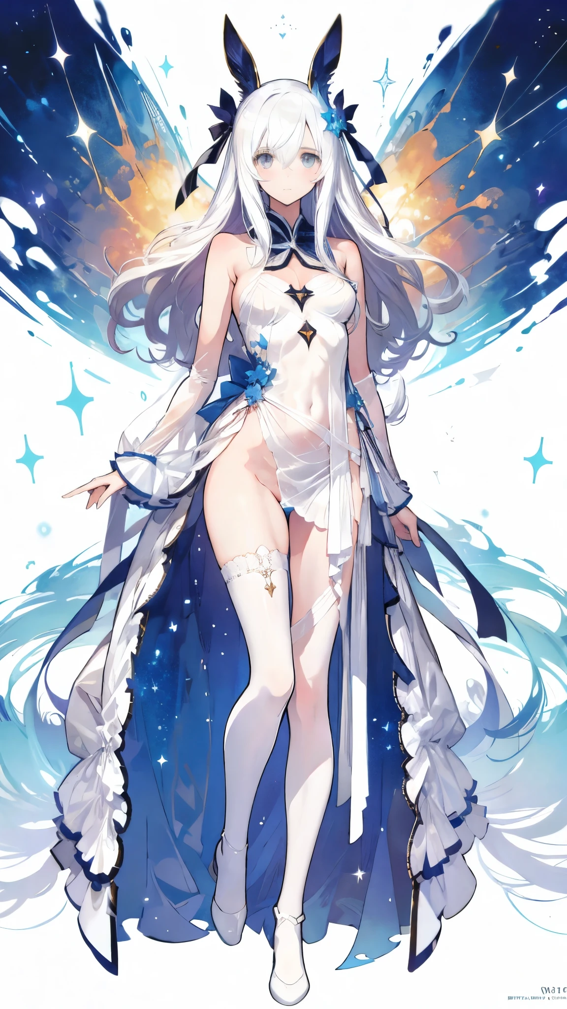 full body, brilliant, luminescent blue color eyes. They seem to sparkle with an inner light, resembling a starry night sky or deep, clear ocean waters. The irises are intensely vivid, with intricate patterns that add to the mesmerizing effect. The overall impression is ethereal and captivating, giving the eyes a magical or fantastical quality. featuring a combination of elegant detailed high-heeled shoes with pointed toes, adorned with decorative elements such as lace, pearls, and floral appliques. The straps around the ankle are embellished with delicate chains and beads, adding a touch of glamour. Additionally, there are wide satin ribbons that wrap around the lower legs, tied into large, elegant bows, wavy silver hair, Diamond detailed crown, white satin gloves that extend slightly past the wrist. They feature a delicate pearl accent at the wrist, adding a touch of sophistication and charm. The material appears smooth and shiny, suggesting a high-quality satin fabric, often used for formal occasions such as weddings or other upscale events.