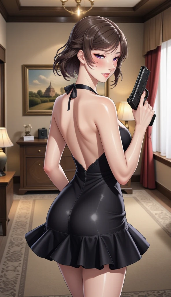 (small breasts:1.2), (perky chest:1.1), (pointed chest:1.0), (hand gun magazine cover:1.3),(from below:1.2),(from side:0.9),masterpiece, 1girl, Amazing Cleavage:1.1, thin waist, big ass, Raised sexy, small breast: 1.2, posed cleavage:1.2、solo, open mouth, have a cute grass of cute beergrass,black hair, dark green eyes, dress, bare shoulders, jewelry, collarbone, sidelocks, hairband, earrings, indoors, off shoulder, sweater, arms behind back, plant, short hair with long locks, gild hairband, sweater dress:1.2, off-shoulder sweater, red sweater, dark gord hair, big side hair, very long side hair,is rendered in (masterpiece: 1.2, best quality), with (ultra high resolution) and an exquisite (depth of field). This masterpiece is not only visually stunning but also tells,A scene of cooking in the kitchen by classroom ,looking at viewer,