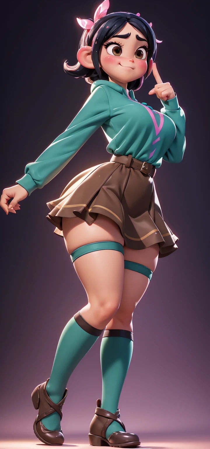 Full body view, adult, (best quality:1.4),(shiny skin), body focus, (cute face), (((best quality))), illustration, adult, full body view, ((Beautiful Finger)), , Beautiful body, Beautiful character design, ,perfect lighting, Colorful, Bright_Front_face_Lighting, ultra high res, highres, absurdres:1.2, bokeh:1.2, lens flare, huge breasts, tall, long curvy legs, stockings,(vibrant_color:1.2), , (thick thighs:1.3), THICK, Black hair with colored sprinkles, teal shirt, large brown eyes,perfect ears, pink blush on cheeks, content expression, skirt, adult Vanellope von Schweetz, 16 years old.