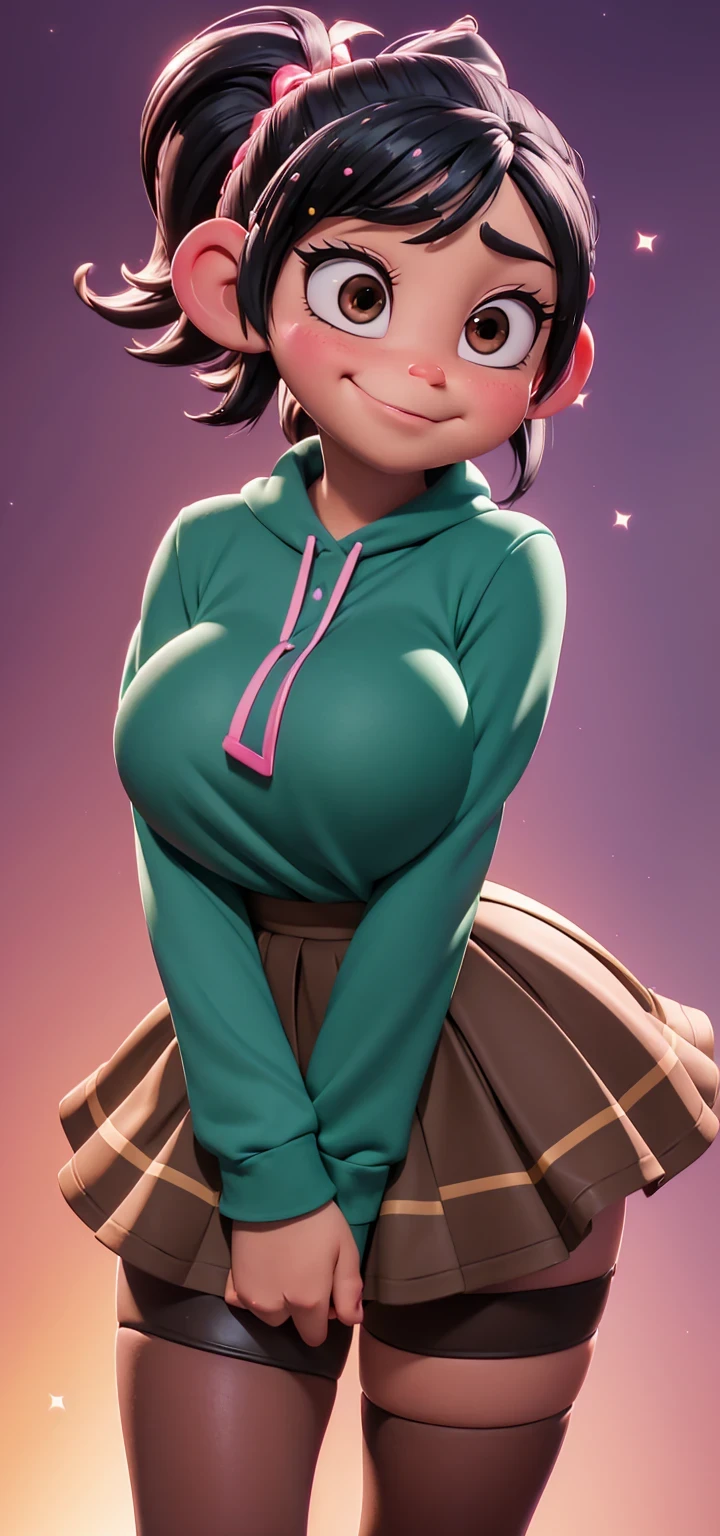 Full body view, adult, (best quality:1.4),(shiny skin), body focus, (cute face), (((best quality))), illustration, adult, full body view, ((Beautiful Finger)), , Beautiful body, Beautiful character design, ,perfect lighting, Colorful, Bright_Front_face_Lighting, ultra high res, highres, absurdres:1.2, bokeh:1.2, lens flare, huge breasts, tall, long curvy legs, stockings,(vibrant_color:1.2), , (thick thighs:1.3), THICK, Black hair with colored sprinkles, teal shirt, large brown eyes,perfect ears, pink blush on cheeks, content expression, skirt, adult Vanellope von Schweetz, .