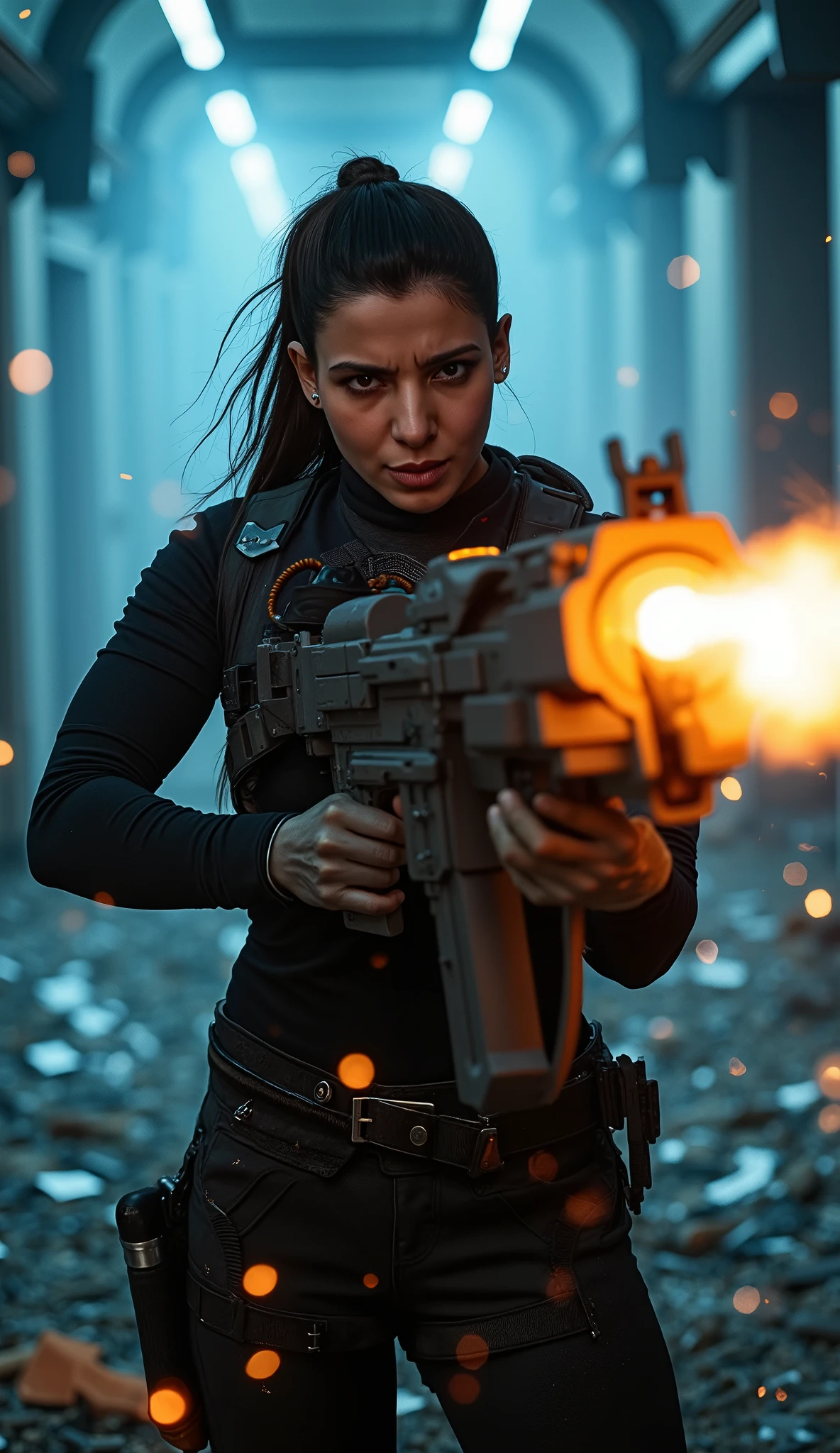 A close up angle of fierce and determined female warrior in a dark, battle-worn outfit stands in a corridor filled with shattered glass and debris. She wields a massive futuristic minigun that glows with bright orange muzzle flashes as she fires. Her long, unkempt hair flows behind her, and her face shows a mix of rage and focus. The background is illuminated by a cold blue glow, with sparks and bullet casings flying in the air, creating a high-energy, cinematic action scene. The atmosphere is intense, with dynamic lighting and motion effects. Hyper-realistic, cinematic lighting, dramatic composition