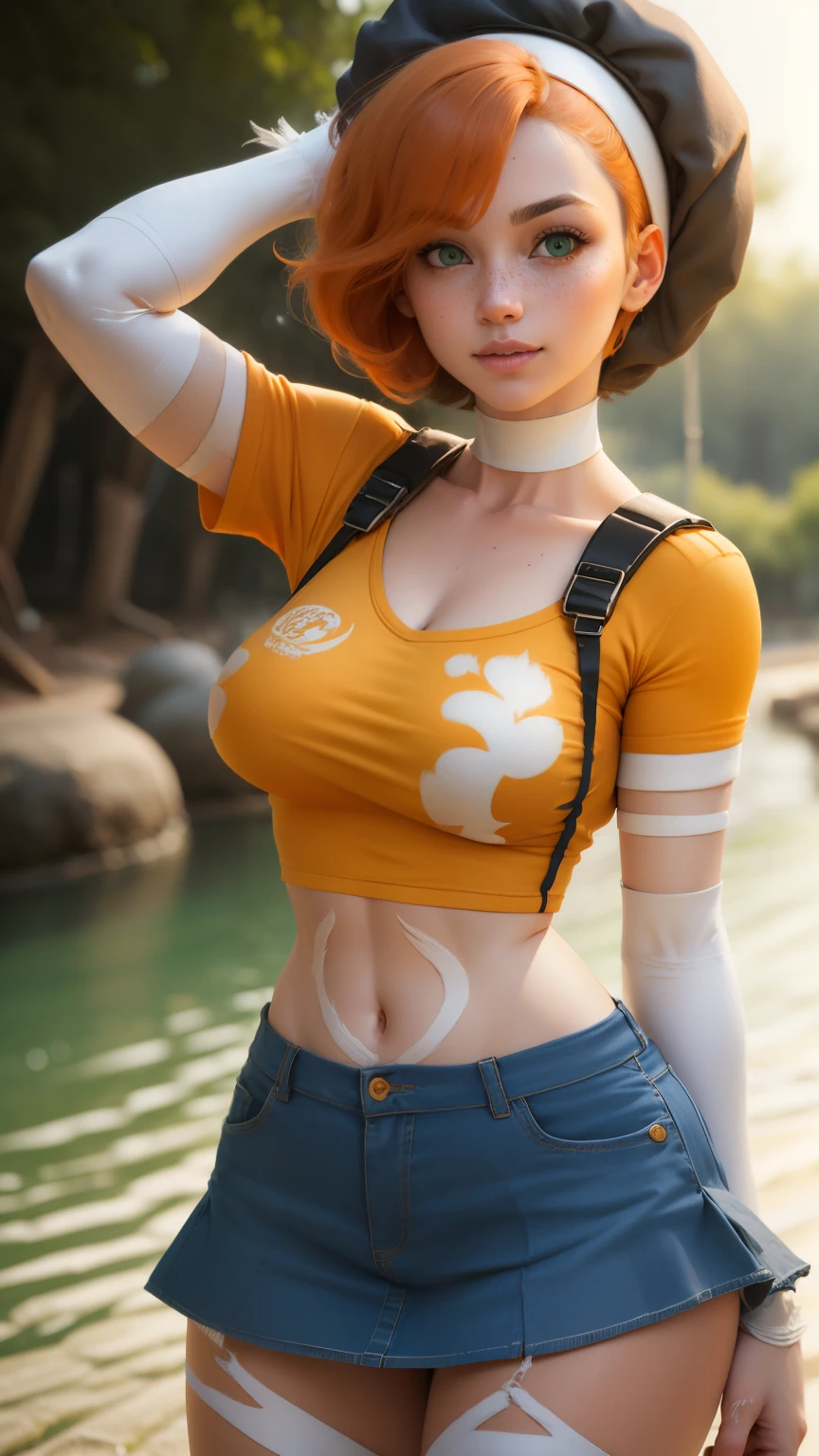 gwen tennyson,tracer,yorha 2b,rebecca chambers,ada wong,nami,pilot uniform, ager, green eyes,garter belt,striped underwear,short hair,river,orange hair,shy smile,ginger,white striped top,denim micro skirt,freckles,beautiful girl,stockings,large breasts,ultra detailed,realistic,