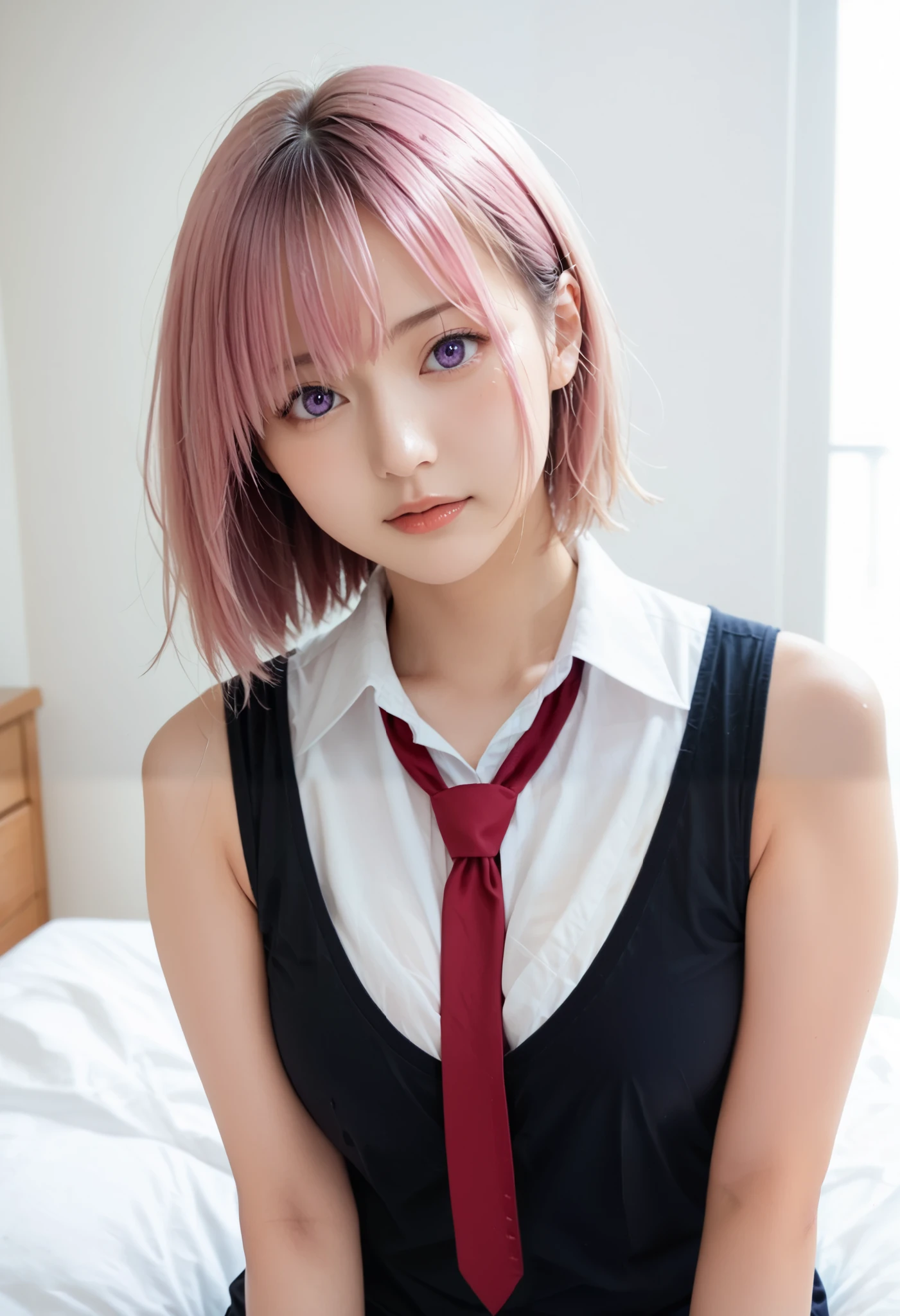 score_9, score_8_ up the side, score_7_ up the side, rating_safe, is present, photo is present, Masterpiece, top quality, complicated details, (), Alone, 1 girl, Japanese actress, (hood, shirt, collared shirt, white collar, black shirt, necktie, red necktie, sleeveless, off shoulder,), (blush), detailed face, detailed eyes , sophisticated nose, Hotel at night, on the bed ,
mash kyrielight, short hair, purple eyes, pink hair, hair over one eye, big breasts,