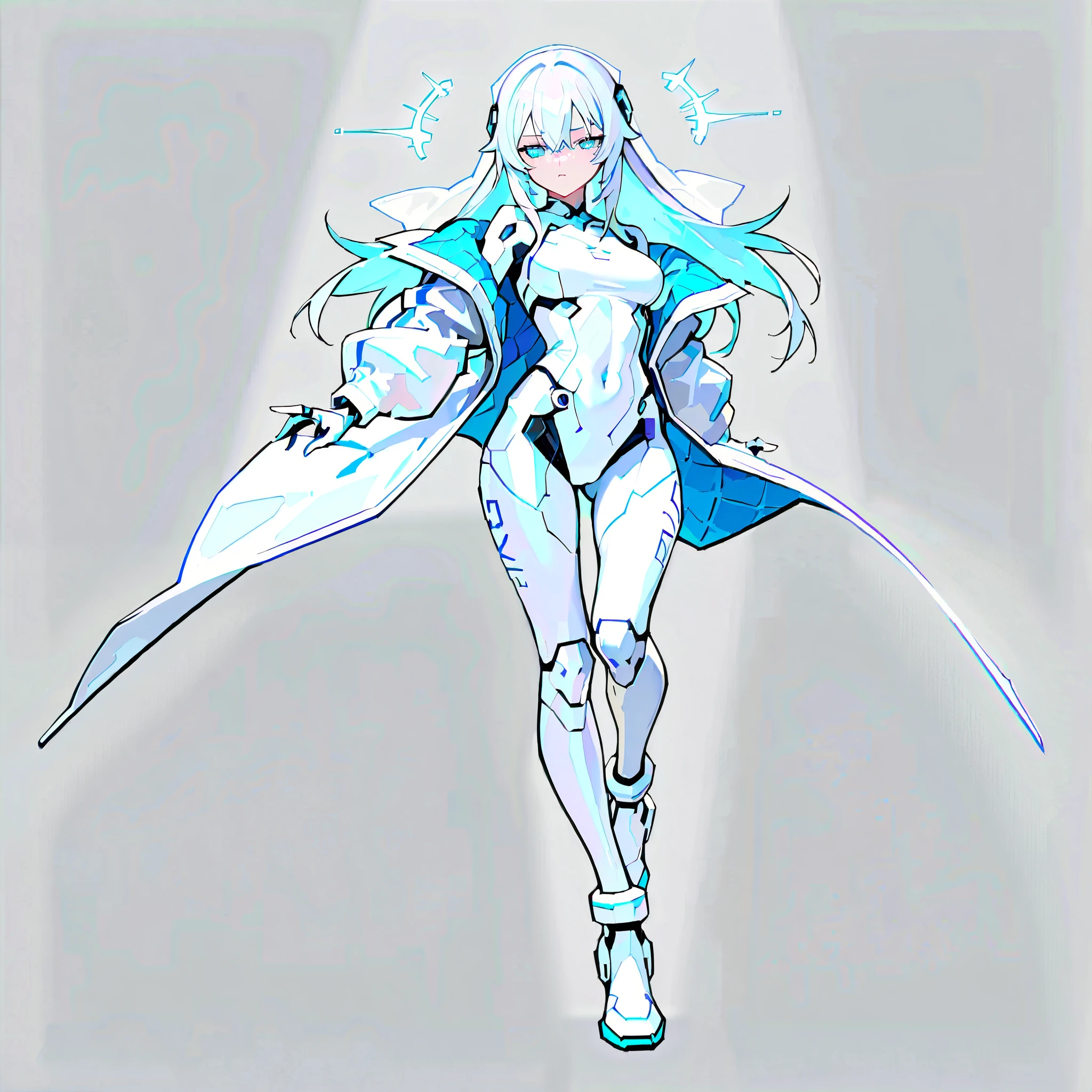 anime style, cyber ninja girl, solo, long hair, silver hair, Head covered with a cyber veil, cyber long coat, turquoise blue eyes, full body, looking at viewer,++,✌++, (masterpiece, best quality, illustration)++, beautiful detailed girl, ultra-detailed++, cyber hi-Tech boots+, (white background)++, game cg++, an extremely delicate and beautiful+, Perfect female body, slender waist, neat athletic body++++, angry, half-closed eyes+, bored face, hair between eyes, bangs, eyebrows visible through hair, full body, mechanized limb, whole body, held hi-tech sword