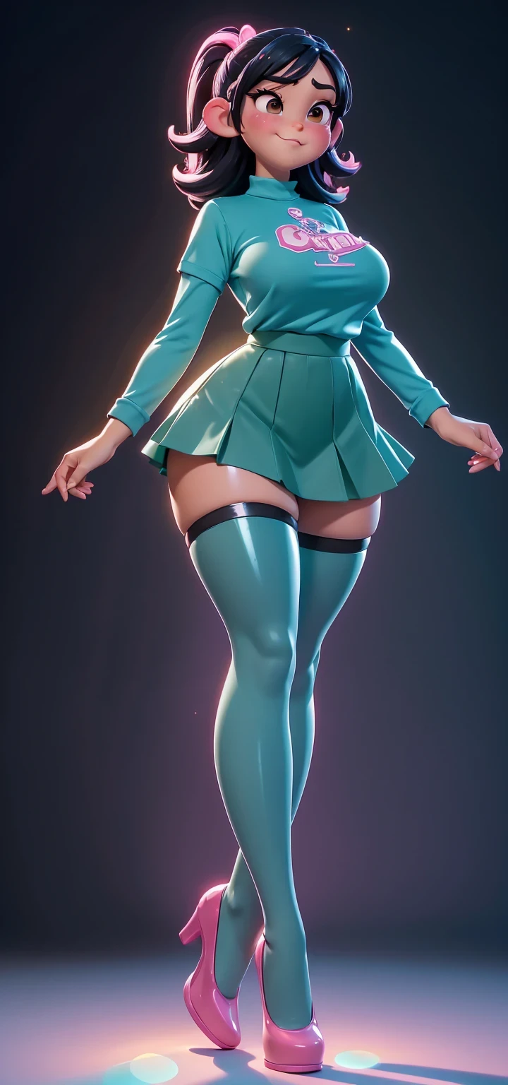 Full body view, adult, (best quality:1.4),(shiny skin), body focus, (cute face), (((best quality))), illustration, adult, full body view, ((Beautiful Finger)), , Beautiful body, Beautiful character design, ,perfect lighting, Colorful, Bright_Front_face_Lighting, ultra high res, highres, absurdres:1.2, bokeh:1.2, lens flare, huge breasts, tall, long curvy legs, stockings,(vibrant_color:1.2), , (thick thighs:1.3), THICK, Black hair with colored sprinkles, (teal tight shirt), large brown eyes,perfect ears, pink blush on cheeks, content expression, (tight skirt), adult Vanellope von Schweetz, 30 years old, tall woman,