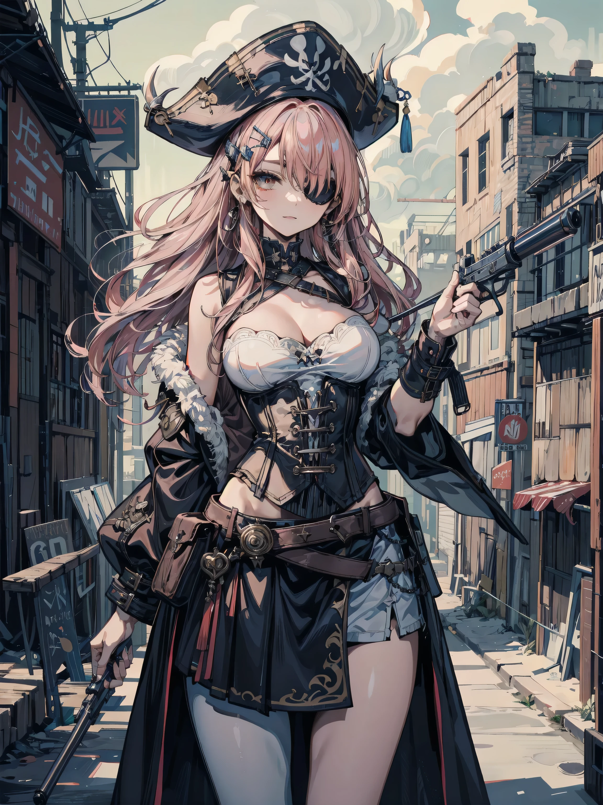 colorful, girl,white themeand pink theme sweaterribbed sleeves,upper body,(detailed face:1.2), (medium breasts),(cleavage),(thigh bands),long Redhead hair,asymmetrical bangs,Tarot border,The portrait is centered,(no weapon),(bouncing breasts), (raw photo:1.2), ((photorealistic:1.4)), best quality, masterpiece, illustration, an extremely delicate and beautiful, extremely detailed ,CG ,unity ,8k wallpaper, Amazing, finely detail, masterpiece,best quality,official art, extremely detailed CG unity 8k wallpaper, absurdres, incredibly absurdres, huge filesize, ultra-detailed, highres, extremely detailed,
beautiful detailed girl, extremely detailed eyes and face, beautiful detailed eyes, light on face, cinematic lighting, full body, full-body shot, see-through, outdoors, (( diamond )), orange background , white theme, bear stomach, (on a pirate ship), shooting a cannon, pirate hat, ((from side)),