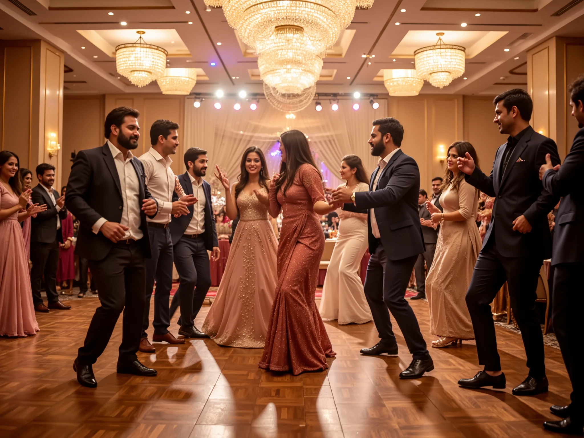 A high-resolution, 4K HDR image depicting a lively dance floor at a grand Pakistani wedding reception. The atmosphere is vibrant and celebratory, with a mix of warm golden lighting and colorful stage effects reflecting off the polished floor. In the center, a group of elegantly dressed young men and women in traditional and modern formal attire are enthusiastically dancing to upbeat wedding music. Some guests are clapping along, while others cheer and laugh in excitement. The unseen POV character is standing at the edge of the dance floor, slightly hesitant, as a few close friends excitedly pull them into the dance circle with bright smiles and encouraging gestures. Their faces display warmth, playfulness, and eagerness. The background showcases a beautifully decorated wedding hall, with large chandeliers, a floral-adorned stage, and seated guests watching the dance floor. The focus remains on realistic facial details, with motion blur subtly capturing the energy of the dance and the expressions of joy and anticipation. [(best quality, ultra-detailed, photorealistic, HDR, lifelike facial features, Pakistani cultural authenticity, 8K)]
