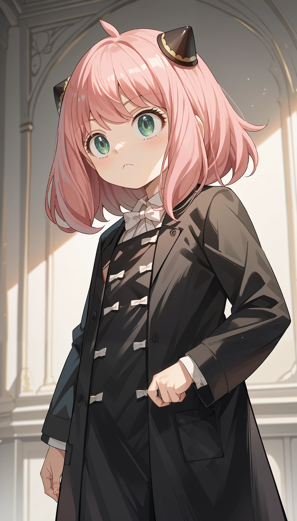 score_9, score_8_up, score_7_up, score_6_up, score_5_up, score_4_up,(anime colored, anime screencap),Anya_(Spy_x_Family),solo,pink hair,white collared shirt,bow tie,black surcoat,cowboy shot,
