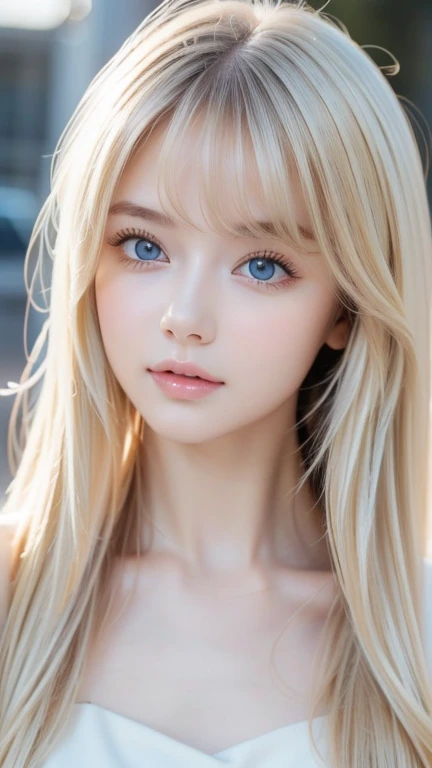 A perfectly beautiful face、Super long messy silky beautiful blonde、Beautiful cute girl 、Sexy and very beautiful cute face、Beautiful cute sexy bright pale sky blue big eyes、Long beautiful bangs、Very super long beautiful blonde shiny silky hair、Very white skin、Cheek gloss、Glossy skin、eyeliner、A peerless beauty、Hair above the eyes、片Hair above the eyes、Hair between the eyes、