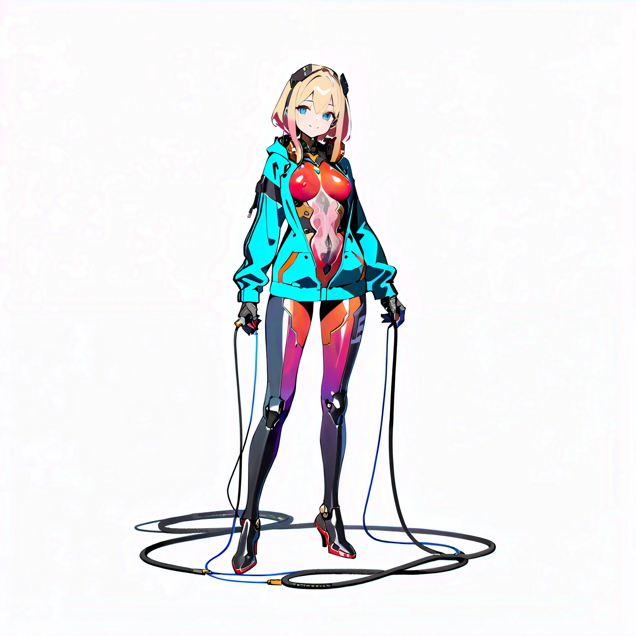 (((masterpiece))), (((Best Quality))), ((Ultra-detailed)), (High Definition anime Illustration), ((extremely delicate and beautiful)),((1 mechanical girl)),solo, Full body, Long hair,(Machine-made joints:1.2),((mechanical limbs)),(blood vessels connected to tube mechanical vertebra attaching to the back),((mechanical cervical attaching to neck)),A smile,(wires and cables attaching to neck:1.2),(wires and cables on head:1.2)(Character Focus),highly detailed, Colorful, highest details, Cyberpunk hacker girl, Dowdy Hoodie, Long sleeves, Costume based on pink, Chestnut twin-tailed hair, high heels boots, Digital Painting, 8K High Resolution, trend art station, Whole body, Mechanized limbs,(((white background)))
