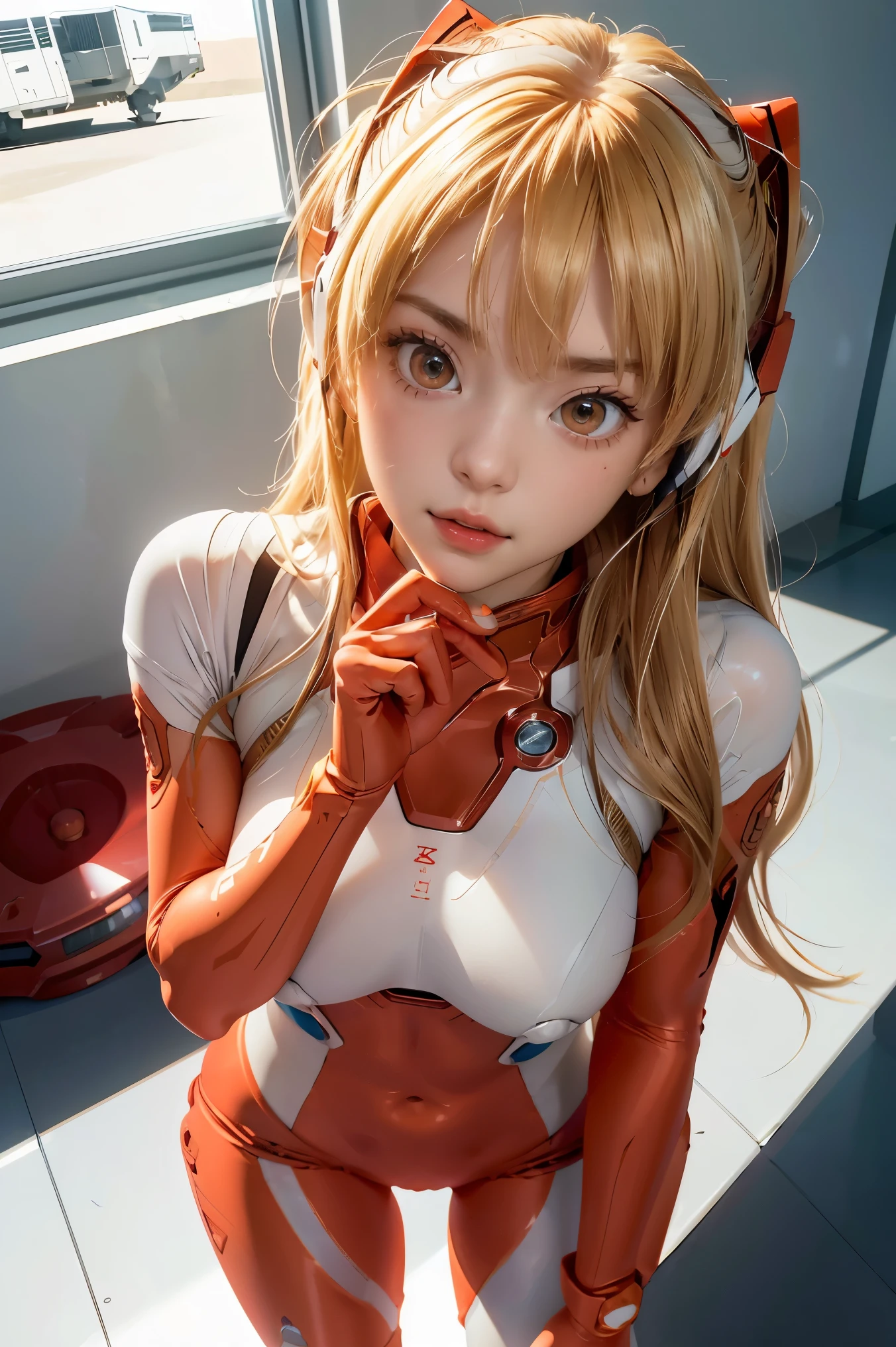 (Overhead view),dynamic angle,ultra-detailed, illustration, close-up, straight on, 1girl, 
 ((souryuu asuka langley, interface headset, red bodysuit:1.4, blonde)),Her eyes shone like dreamy stars,(glowing eyes:1.233),(beautiful and detailed eyes:1.1),(expressionless,closed mouth),(standing), 
(mechanic room with toolsand spaceship windowin a white SPACESHIP),
(night:1.2),dreamy, [[delicate fingers and hands:0.55]::0.85],(detail fingers),