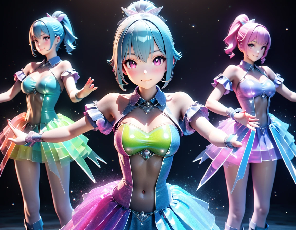 ((masterpiece、Highest quality、Official Art))、snap shot、Idol Concert、Concert Stage、(3人のcute naked girls、、smile、sing、dance、Ribbon headband、Ultra mini skirt:1.2、Idol Costumes:1.3 )、Exposing the breasts、Hair of different colorr.々Hair style、(((Full nudity、Pussy、cute)))、(Sweat a lot、Glowing Skin)、Anime key visual, ((The characters are unique))