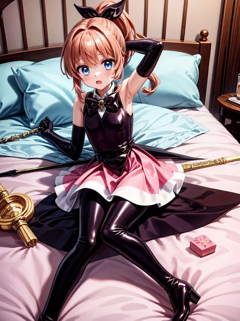 (full body),Tabletop, highest quality,Lie on your back in bed,Show me your boots,Thigh-high boots,Black Stockings,Black gloves,Strange thief,elegant, One Girl, Muscular,cute, Blushed, View Viewer, From below,Pink mini skirt, prison,blue eyes, Beautiful Eyes, Beautiful background, Light Particles, Light of the sun, Dramatic lighting, outside, Shiny, Realistic, Tabletop, highest quality, 超detailed, detailed, scenery, Beautiful fine details, Fine hair, ahegao