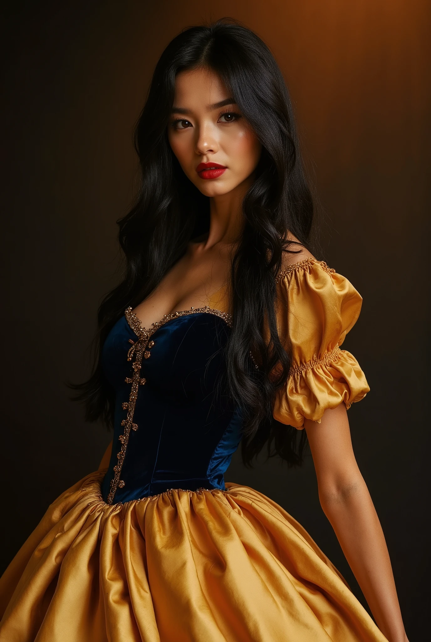 girl wearing bustier dress, BREAK, 1girl, (long bustier dress:1.2), ruffle shirt, high neckline white short puffy sleeve, (black bustier:0.8), chickern farm background, holding chicken,
(golden yellow long skirt:1.2), sexy pose, sexy gesture,
arabs, very long straight black hair, (thick eyebrows:0.8), huge breasts, (warm skin undertone), black eyes, wide eyes, middle parted hair, v-shaped eyebrows, (v-shaped eyes, tsurime),