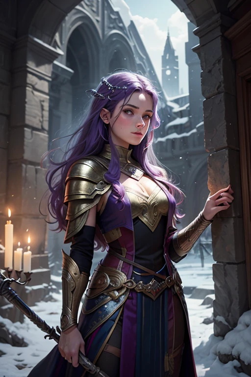 a beautiful woman knight, long orange hair, wearing medieval black armor, surrounded by a mystical aura, Tolkien vibes, intricate details, digital painting, artstation, concept art, smooth, sharp focus, illustration, Unreal Engine 5, 8K, art by greg rutkowski, Alan Lee, John Howe, and Ted Nasmith, and the mystical aura around @Me is made up of blue and purple hues, giving the impression of a powerful magical presence. The outfit is highly detailed, with intricate engravings and patterns, and the silhouette is imposing and sexy. The background is a winter landscape, with a moat and a drawbridge, and the sky is filled with stars and a full moon. The overall effect is one of epic fantasy, with a sense of adventure and danger. --auto --s2
