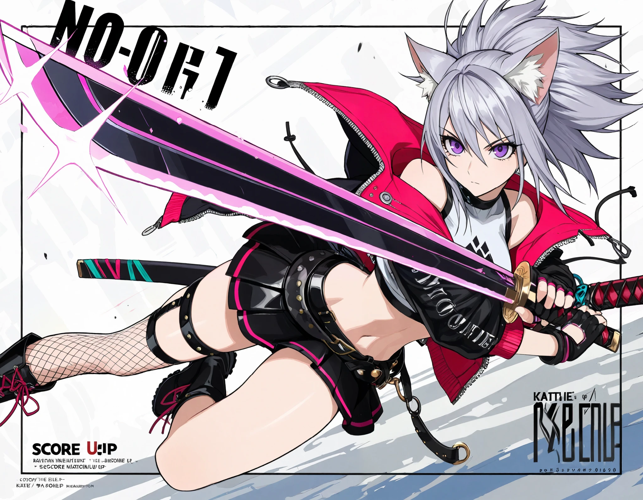 (best quality, highest quality:1.2), masterpiece, top quality, ultra high definition, rich contrasts, HD,8k, High Definition CG Unit Wallpaper, texture , Unbelievably Absurd, ultra high definition, RAW photos ,Deep border 1  .2, very detailed, stylish pose,
weapon, katana:1.5, perfect katana, point the blade far away, action of a soldier wielding,
(girl:1.3), 1girl, solo, (purple silver middle hair, cat ears, purple eye, White crop top, put on a off shoulder black open hoodie, black slit skirt, leather belt, fingerless gloves, thigh strap, single thighhigh, torn thighhigh, fishnet thighhigh, knee high boots, katana), cyber punk, dim body, curvy, no curves, narrow hips, Expressionless, 