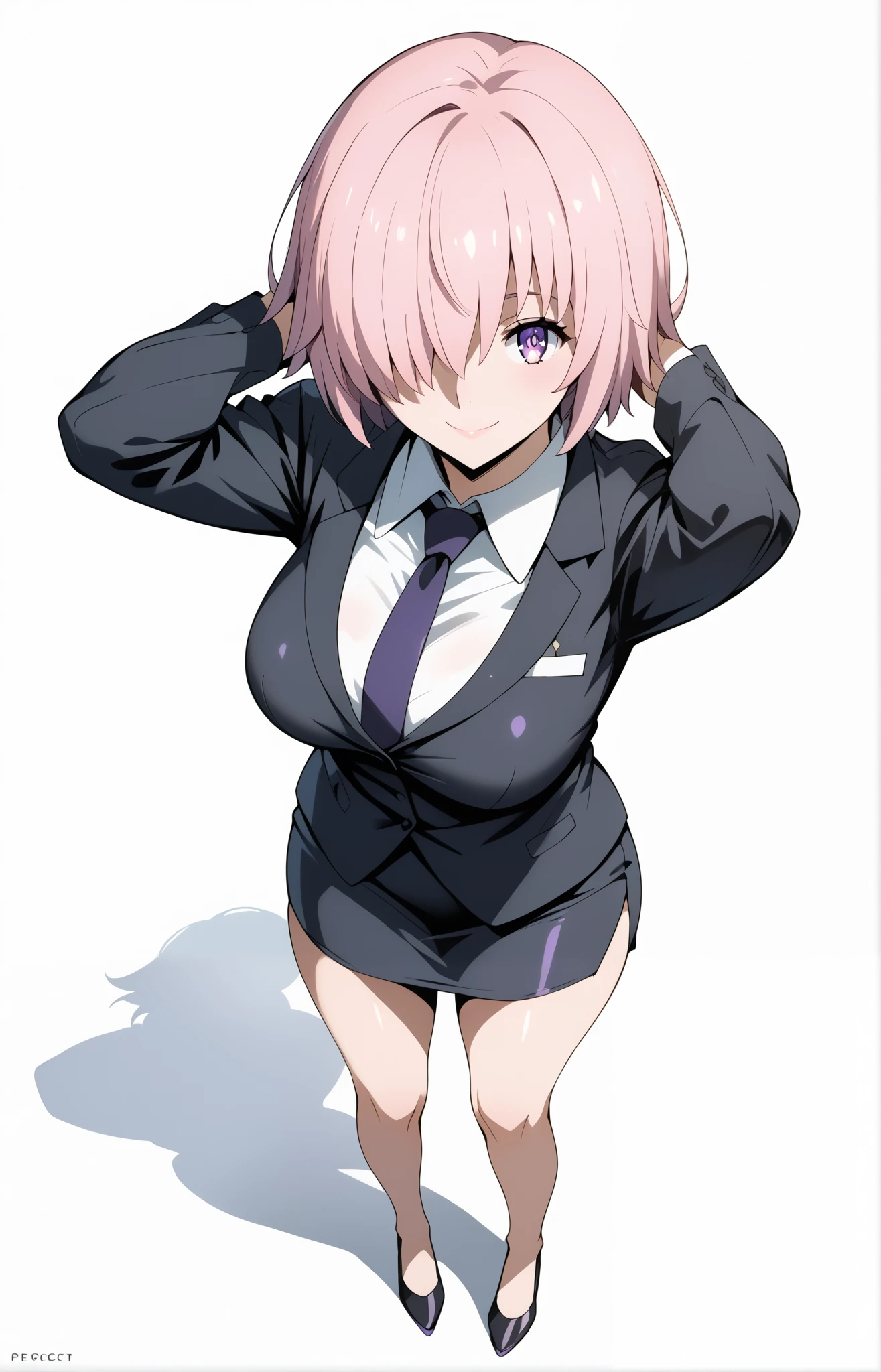 score_9, score_8_up, score_7_up, source_anime, 4K,perfect fingers,(perfect hands, perfect anatomy),prefect lighting, very aesthetic, intricate details,highly detailed background, masterpiece, high quality, best quality,
1girl, mashkyrielight, mash kyrielight, short hair, purple eyes, pink hair, hair over one eye, large breast,
wearing ((office lady, )),,
looking at the spectator, filed, (arms behind head:1.5), high thigh individual , (large breasts:0.9),Stand up,((fullbody:1.5)),((White plain background:1.5)) ,((Seductive smile)),((top view:1.5)),leaning forward:1.3,looking at viewer,focos ass,