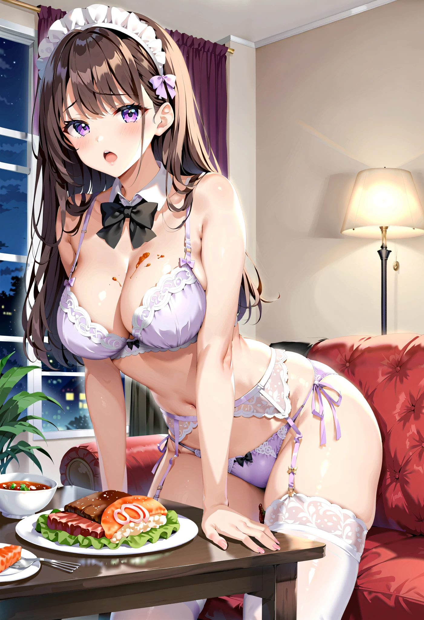 (Masterpiece, beautiful, Ultra Hi-Res , super high resolution, CG, 8k,16k, top quality :1.5), Details , detailed hands , detailed legs, detail eye, Detailed lace , high resolution panties, High resolution bra , detailed adult panties , detailed adult bra, Slender Body, well-balanced body , Balanced Head and Body , 1 adult human woman , alone, (一人の大人の女性は DINING TABLEの横にいる:1.3), ( stylish hairstyle , bangs, ( brown hair:1.2), ( maid headband, frill headband, white brim:1.1), ( luxurious lace garter belt :1.1), Bow tie around neck, Garter Strings, ( garter stockings:1.1):1.2), (light purple underwear , Light purple bra , Light purple panties, Shiny Satin Underwear , Fashionable Sexy Underwear , Bras with Luxurious Lace Embellishments , Side-tie panties, panties with gorgeous lace decoration on the side :1.2), (Beautiful and big breasts:1), ( embarrassing expression:1), panties, side angle, ( Stylish living room , DINING TABLE, Lots of food lined up on the table , salad, soup, steak , night, indirect lighting:1.3)
