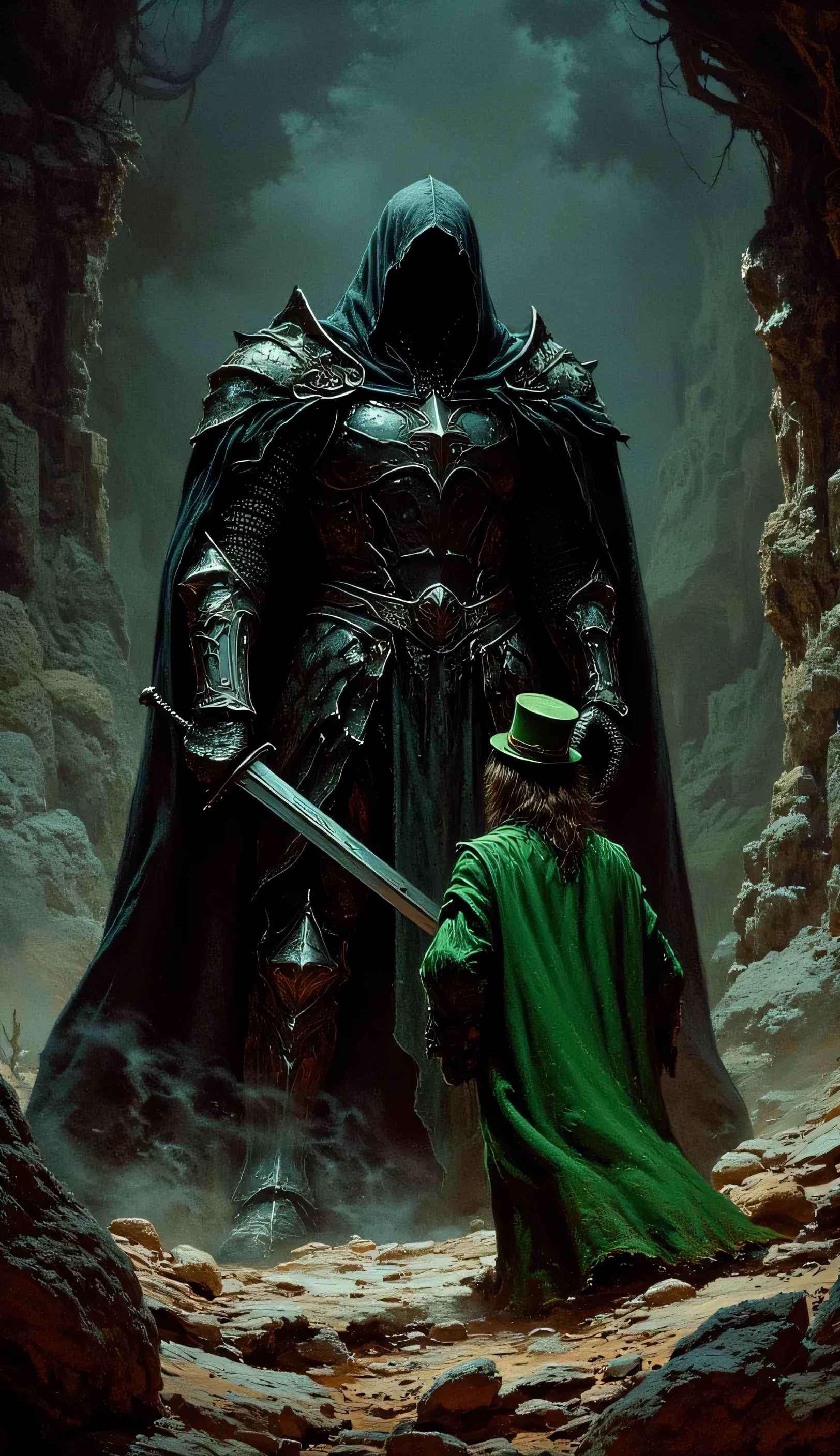 Black Knight in a Cave Facing a Leprechaun