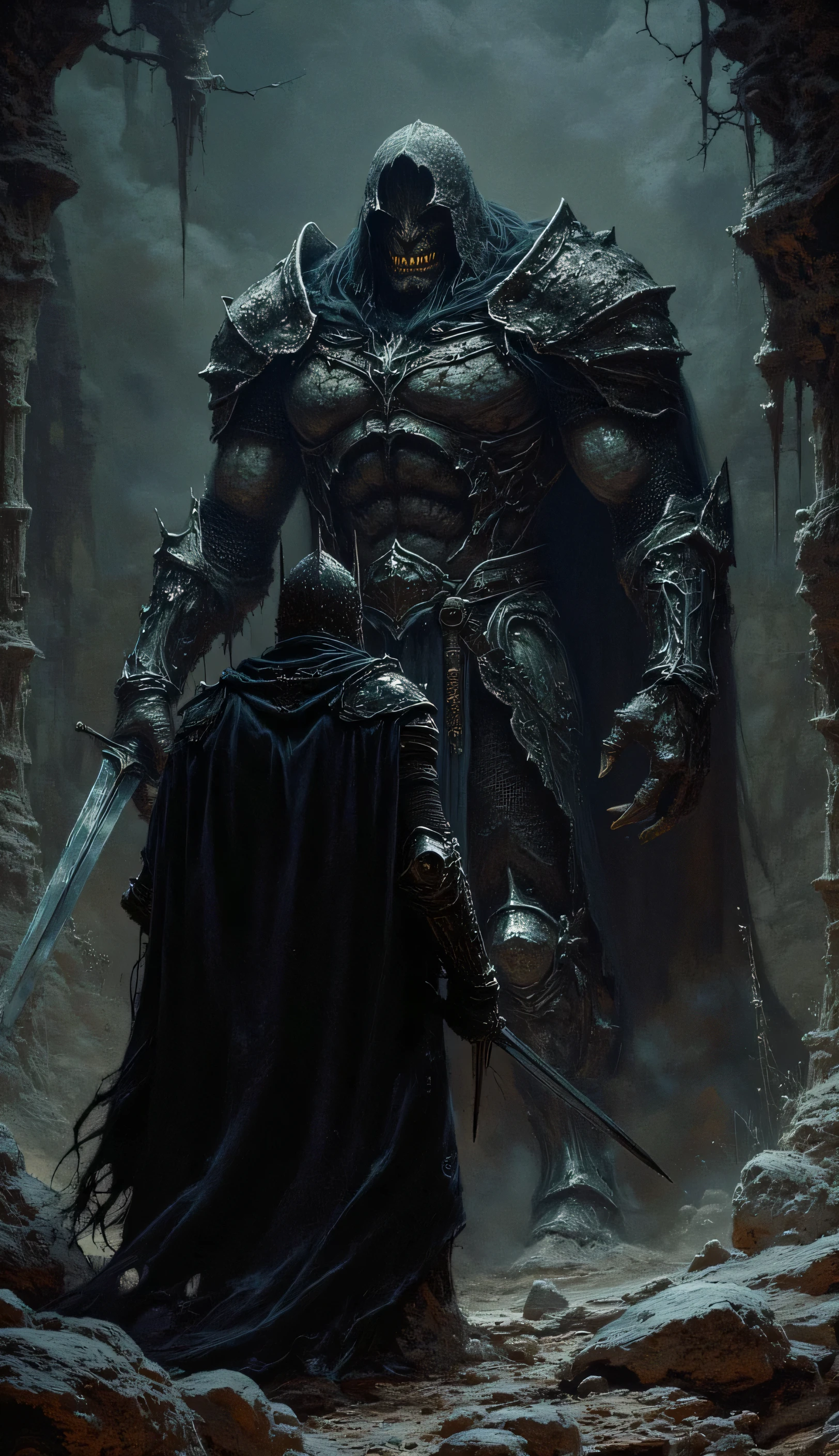 Black Knight in a cave facing an orc