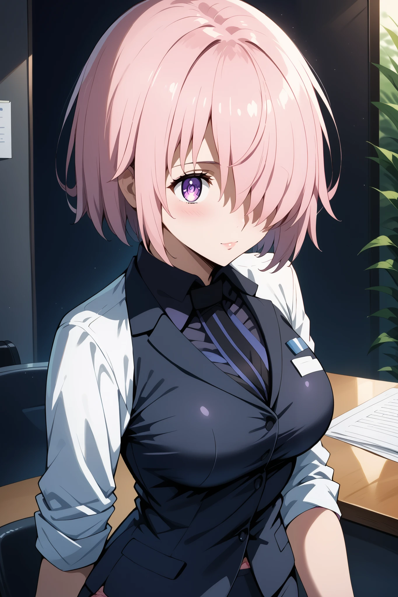 score_9, score_8_up, score_7_up, source_anime, 4K,perfect fingers,(perfect hands, perfect anatomy),prefect lighting, very aesthetic, intricate details,highly detailed background, masterpiece, high quality, best quality,
1girl, mashkyrielight, mash kyrielight, short hair, purple eyes, pink hair, hair over one eye, large breast,
wearing ((office lady, pink panties)),,
NSFW,