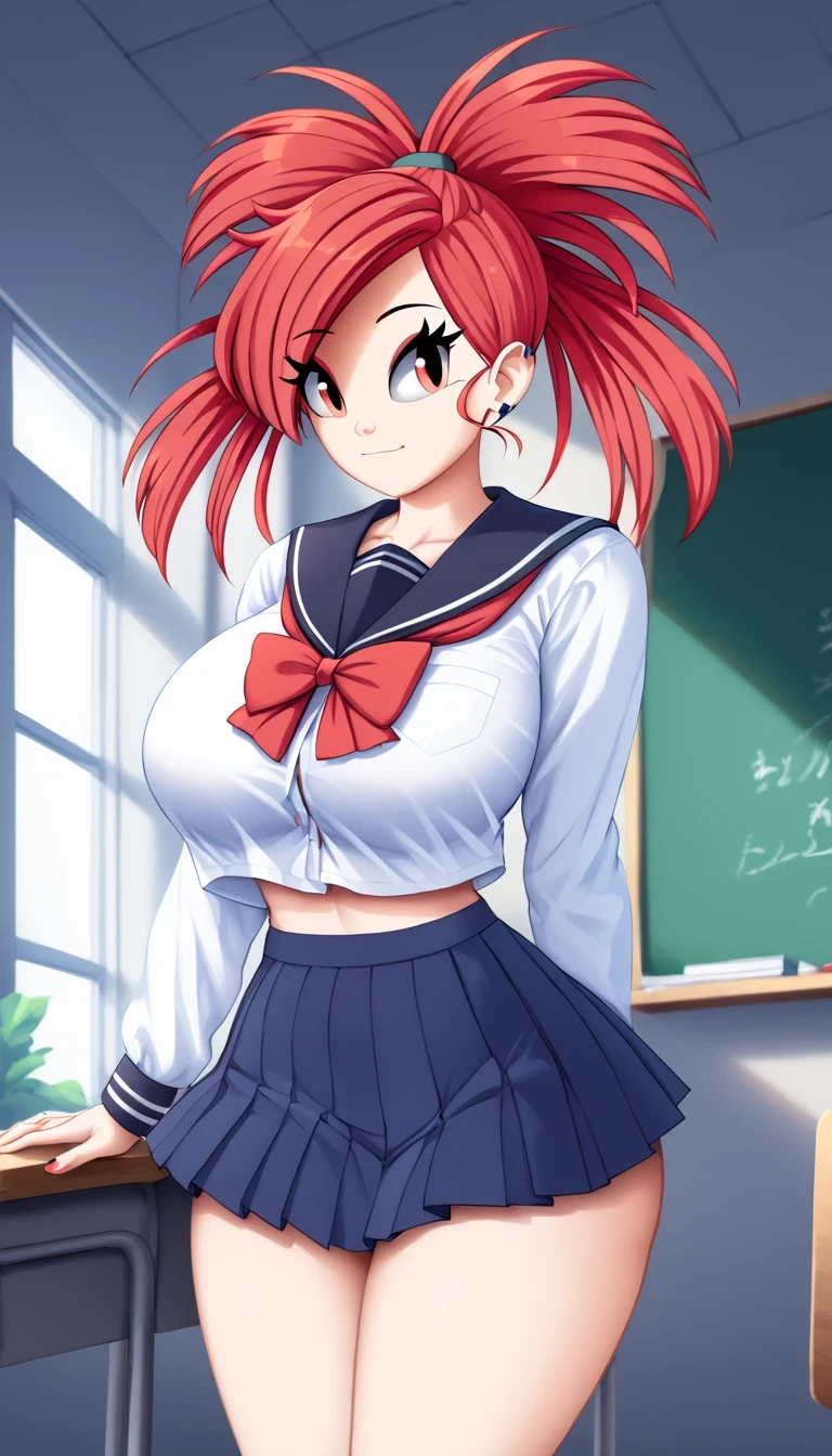 A tall Flannery girl beautiful attractive big breasted loose red hair her red eye wears a black school uniform and a short blue skirt