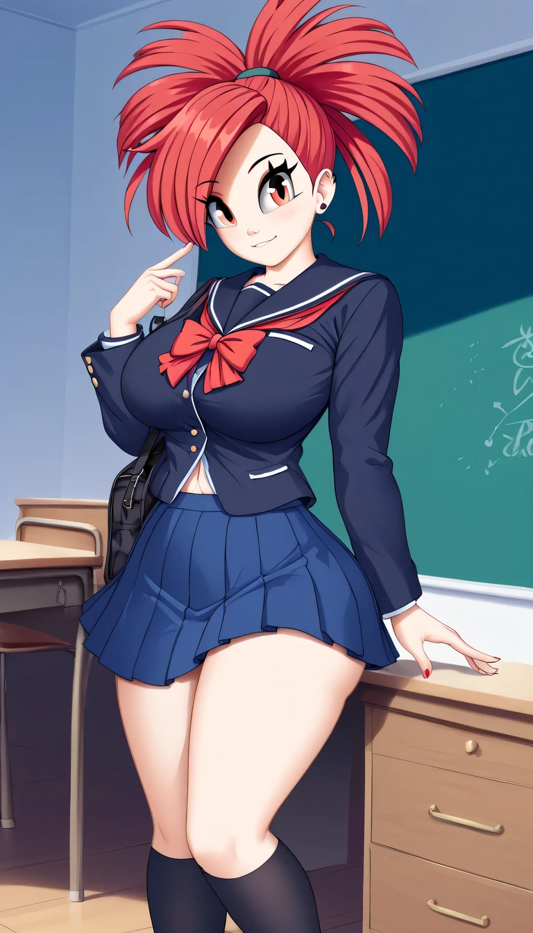 A tall Flannery girl beautiful attractive big breasted loose red hair her red eye wears a black school uniform and a short blue skirt