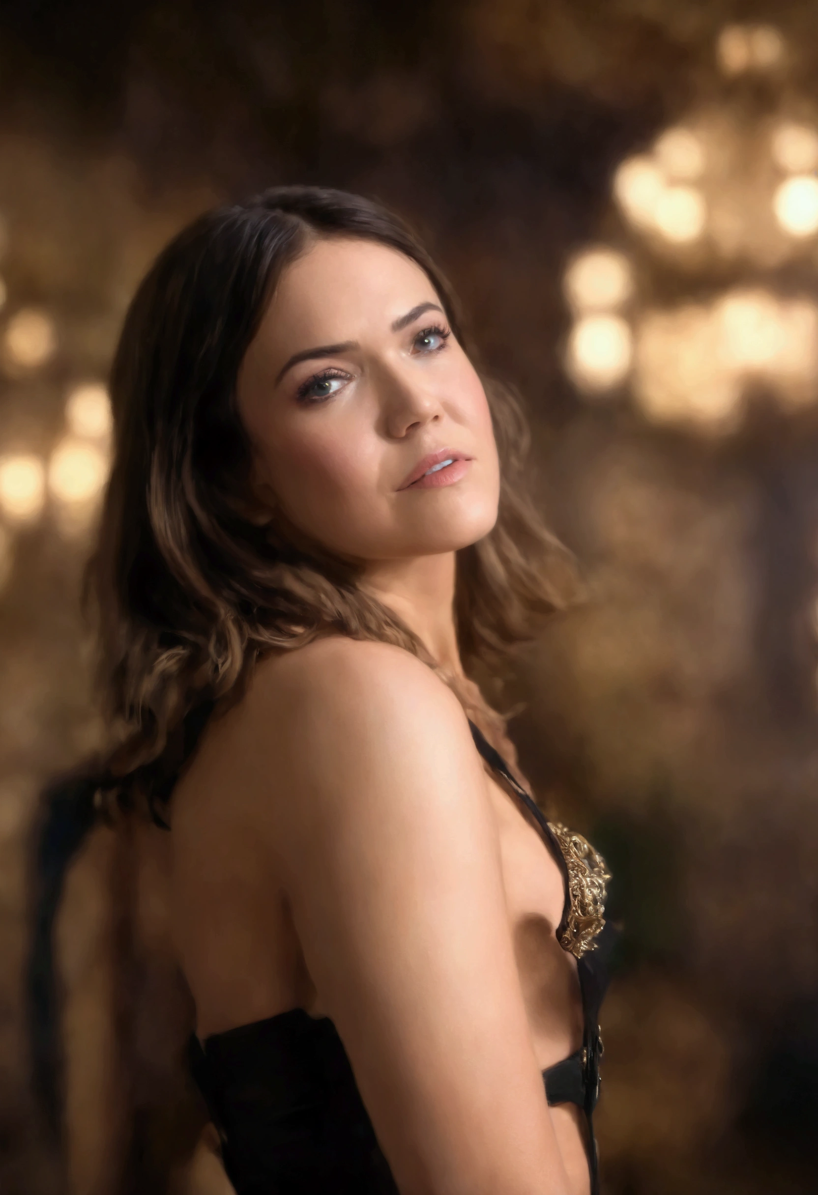 best quality, highres, 8k, masterpiece, photography, detailed midbody photorealistic portrait. Midnight Masquerade brings out Mandy Moore's alluring darkness. Donning a form-fitting onyx corset and high-waisted knickerbockers, she adds an array of fetish accessories such as handcuffs, blindfold, and whip to enhance the experience. Her jet black locks are styled into soft curls, highlighting the mysterious aura emanating from within.. 40 years old, (real skin texture: 1.3), (slender figure: 1.1), six-pack abs, (Immersive Ambience, Chiaroscuro: 1.5, Dim Light: 1.2, Glow Lighting), (Bokeh: 1.5), Blurred, high contrast, (Fuji colours: 1.5), film grain