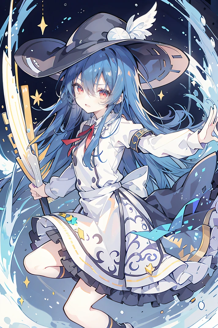 young girl,human nature, Magician Always Smiling , Big Witch Hat ,cute,dark blue long hair, Eyes Stuck , Heavy Navigation , Thin eyebrows,Fantasy ,Entry ,double row of teeth, Star Theme  , Constellation pattern , Solid Costume Decoration ,cloak, Slightly Dark Atmosphere , Slightly Crazy Smile ,The big moon shines outside at night,[Blood, Hair Black Star Adorned ,[ Short Tie , No Iron Pin ,High waist skirt, Pendant Sleeves ,long sleeve shirt, Black Collar , Low Risk ,gentleman。Rubbish 、 Yellow and White Effect ， Shocking Pink as a Slight Color，night,  Meniscus , hands, two feet， has been loaded。