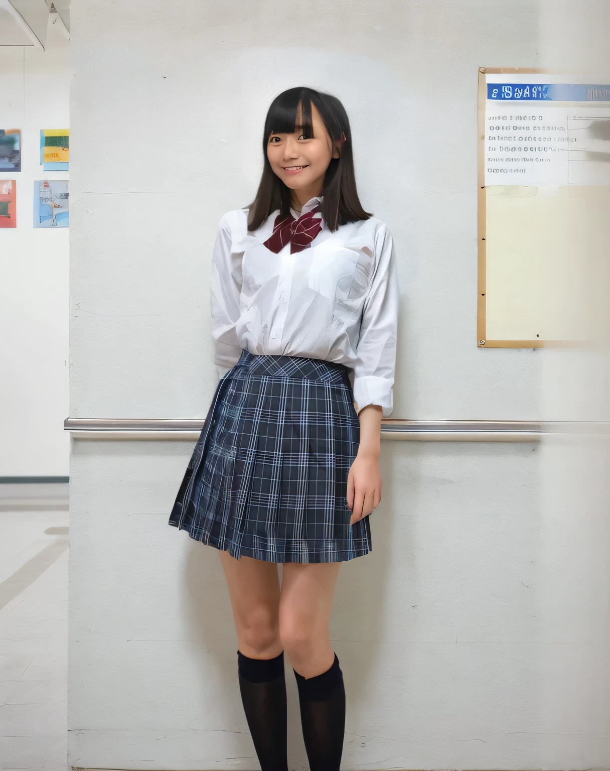 Super detailed,Highest quality,1 high school girl,Wearing a short-sleeved white blouse,black pleated mini skirt,a bit,Standing a bit sideways in front of a large white sofa in a room with white walls,illuminated by sunlight from the window,Wearing black sneakers,Posing for a photo,The distant background is blurred