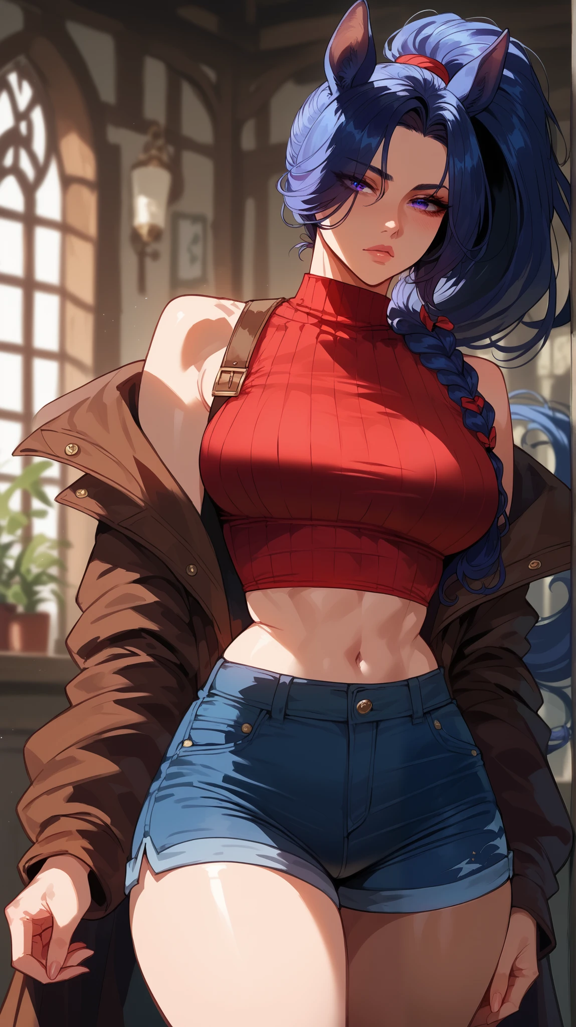 full color, full of details, portrait photo, shadows, lights, lands, 8k, HDR, anime style, full reality, tied top, cleavage, short shorts, open pants, crop top, lewd