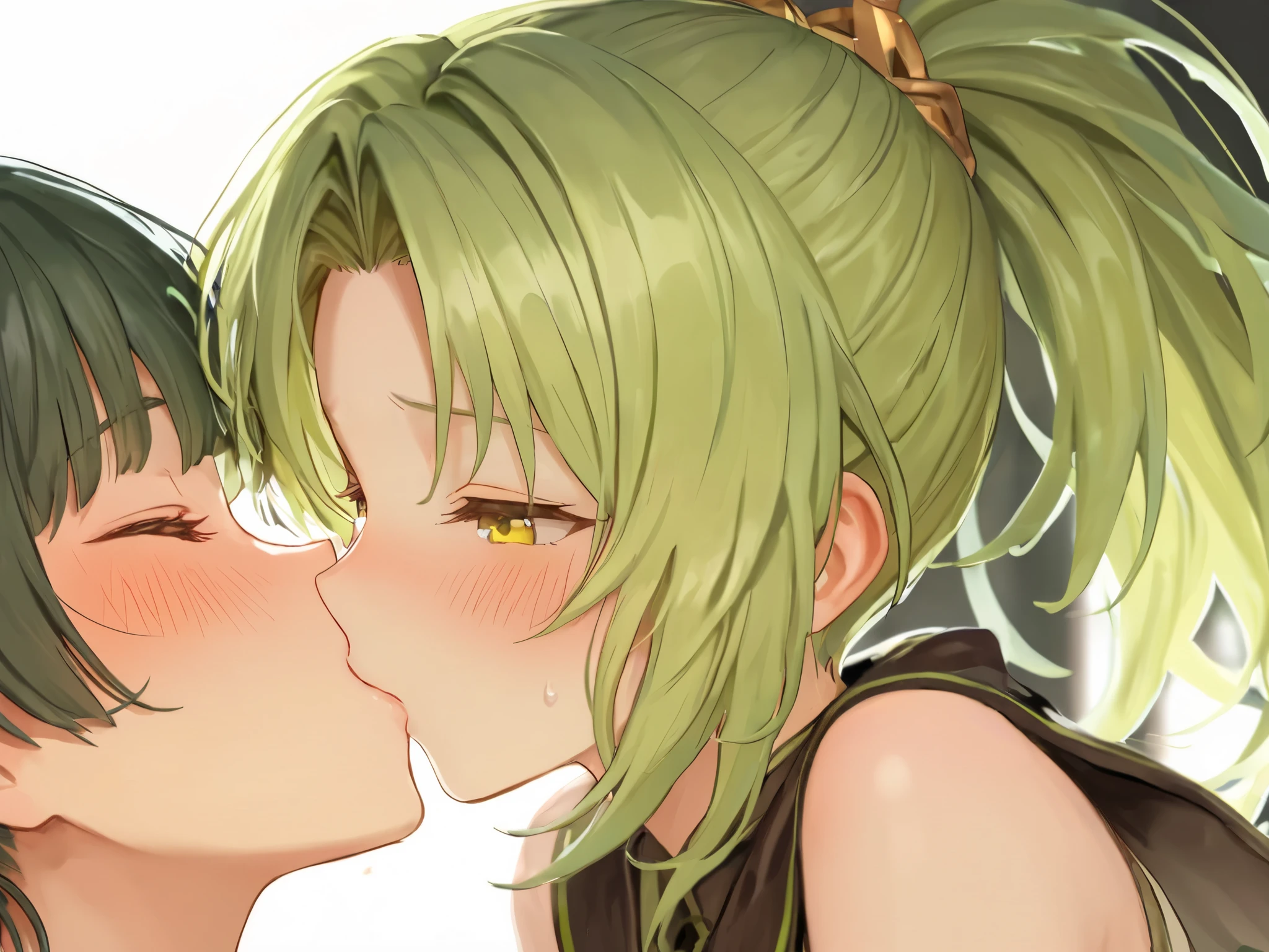 ((highest quality)), ((masterpiece)), (detailed), （Perfect Face）、The woman is a nude Lydia with long, lightly wavy, asymmetrical green hair and a gold hair ornament.、Smiling, she gives a blowjob to a big, thick black cock in the bedroom, covered in cum and love juices.、The woman is giving a blowjob to the big, thick dick that is growing from the black man&#39;s crotch while the burly black man strokes her head.、（She&#39;s naked and her pussy is overflowing with a huge amount of semen.）