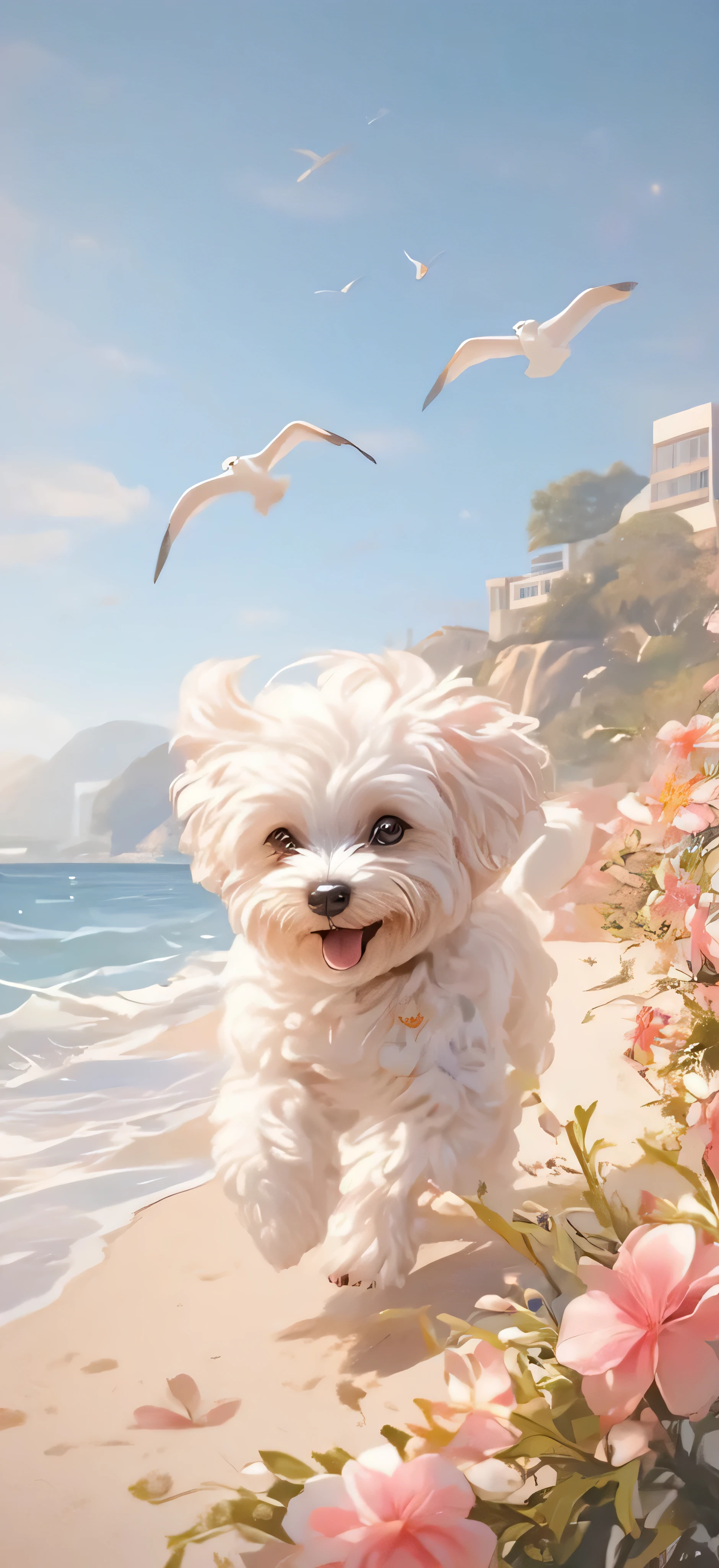 A Bichon dog in a good mood is running by the beach,Floral scent,Seagull,Sea