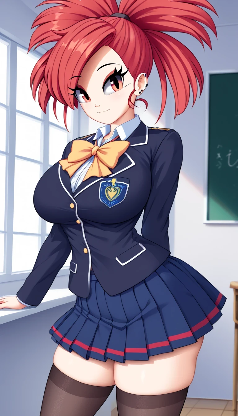 A tall Flannery girl beautiful attractive big breasted loose red hair her red eye wears a black school uniform and a short blue skirt
