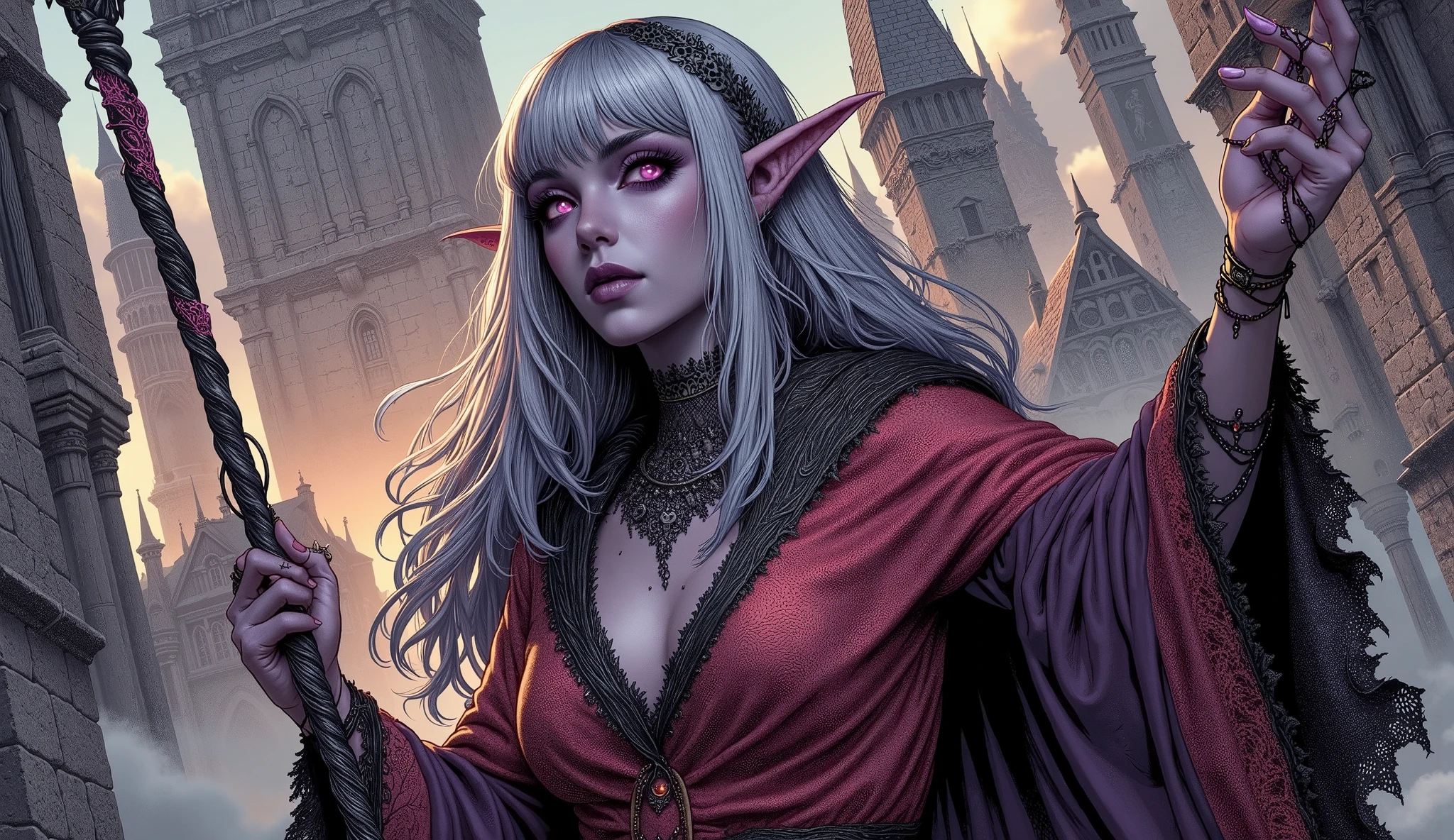 (Ultra-detailed face, Looking Away, Gothic Illustration, Modern Japanese Art Style, Dark Tone Colors), BREAK (The color here is a mixture of orange and purple. The air is gray and cloudy. Buildings stand thin and tall like thorns. Some towers are suspended in the air. The exterior of the building is of the dark stone of medieval Scandinavia, with gargoyle statues attached menacingly to various parts of the building.), BREAK (The Lady of Pain floats in the air, backed by the royal palace. Behind her, gray, glowing red-eyed humans, elves, dwarves, tieflings with horns on their heads, hobbits, and clockwork manmade creatures hold their weapons and await the Lady's marching orders.), BREAK (The Lady of Pain with The masked look, dark gray color skin, almond-shaped eyes, gray pupils, thick, dark eyeliner around the eyes, and smoky makeup around the eyes.), BREAK (The Lady of Pain has several thin knife blades radiating around her face. She wears a shiny black bib necklace with a net that covers her neck. She wears a very long robe of crimson, sewn-together fabric with cut-out designs, and floats in the air with a twisted staff with a swirling design of glowing purple thorns.)