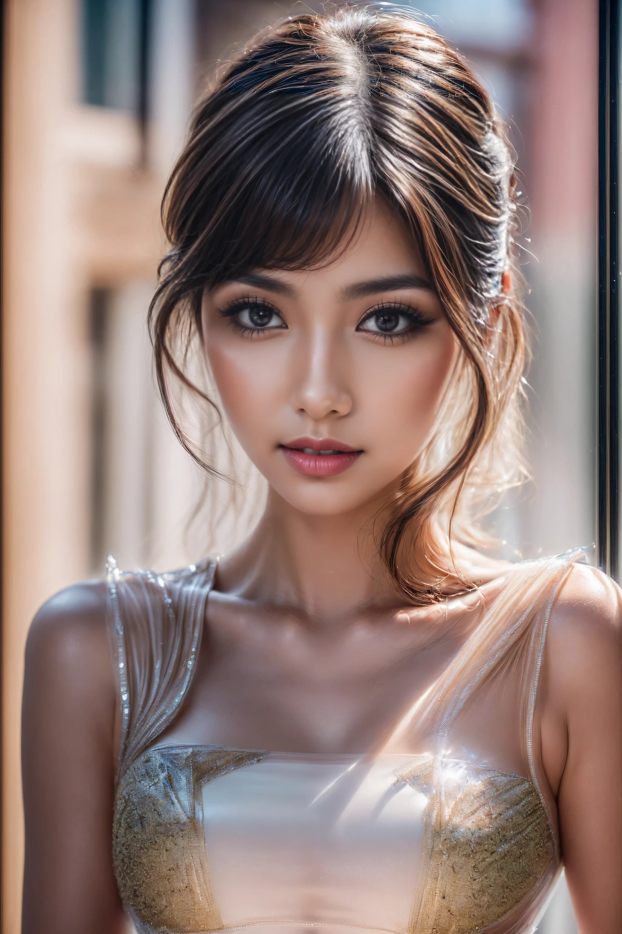 Realistic (photorealistic Realism), (high resolution), ((intricately detailed digital art)), professional photography, ((portrait)) a cute 1 Female, European, (ultra realistic texture details: velvety skin, hair),((sharp focus, no blurry eyes, high resolution, absurd quality, Realistic eyes:1.3),intricately detail:1.3),((extremely fine details eyes))((extra narrow eyebrows))(Carefully draw Long eyelashes:1.2)(perfect round eyes:1.3).((finely detailed pupils:1.3))((extremely fine details pupils:1.3))((extremely fine details iris of the eyes:1.35))(Shining, mesmerizing, Vibrant eyes:1.22).(professional makeup:1.4)((perfect dark_eyeshadows:1.4)),detailed lips:1.3,(apply glossy red_lipstick:1.3)(pink_makeup:1.28), (beautiful little nose), (perfect proportions:1.2),(small head),(anatomically correct), ((transparent glass dress:1.3))、 and fantasy magic, (dynamic random fancy, professional hairstyles)、perfect female body, (Glamour, paparazzi taking pictures of her), ((glowing glass dress:1.3))、(makeup:1.23)、((she attracting lightnings, light effect, feminine, electricity aura)),((full body shot))