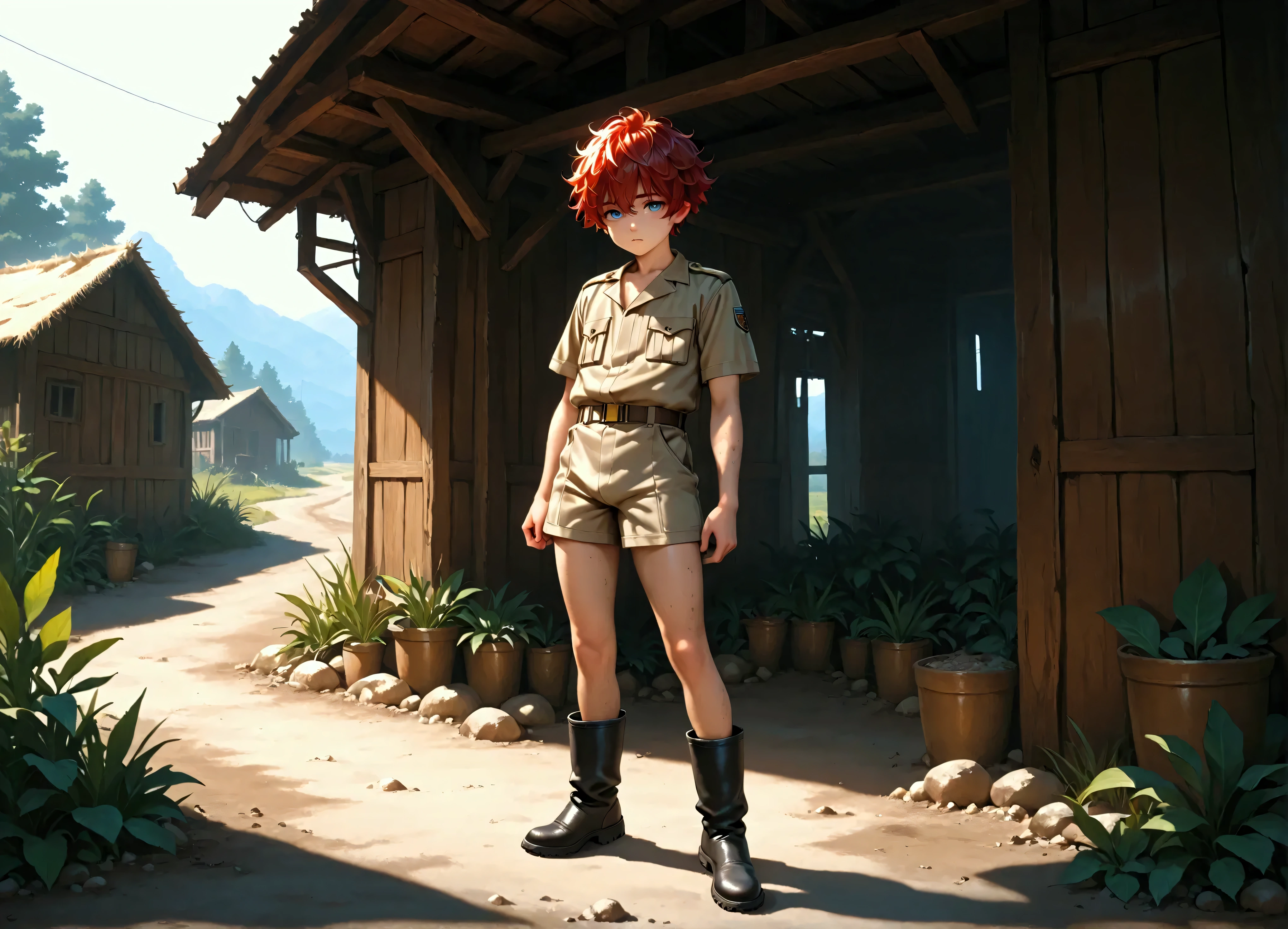 1boy, solo, shota shine copper tan skin, red hair, short messy hair, khaki uniform, short pants, blue eyes, dirt street, wooden buildings, rural, masterpiece, best quality, cinematic lighting, black boots, focus on body