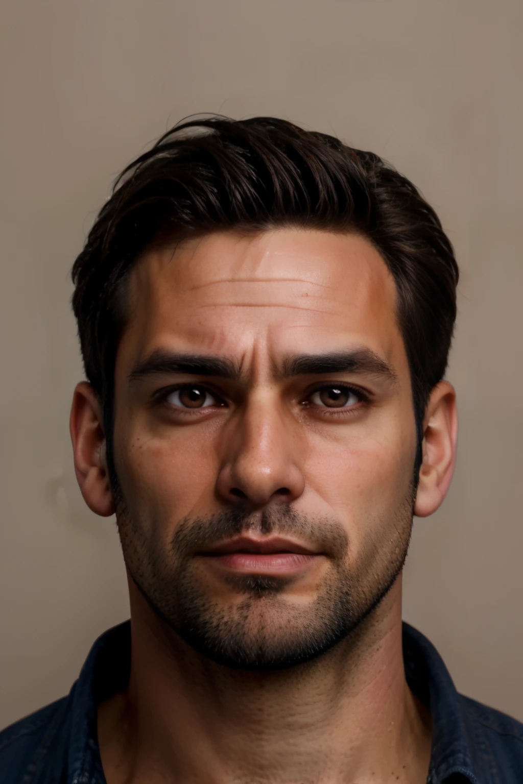 a photo of a 35 years old brunette AlexanderNobody, detailed brown eyes, detailed skin, facial hair, upper body shot, simple background, soft lighting, eye level, in the style of Nathan Wirth