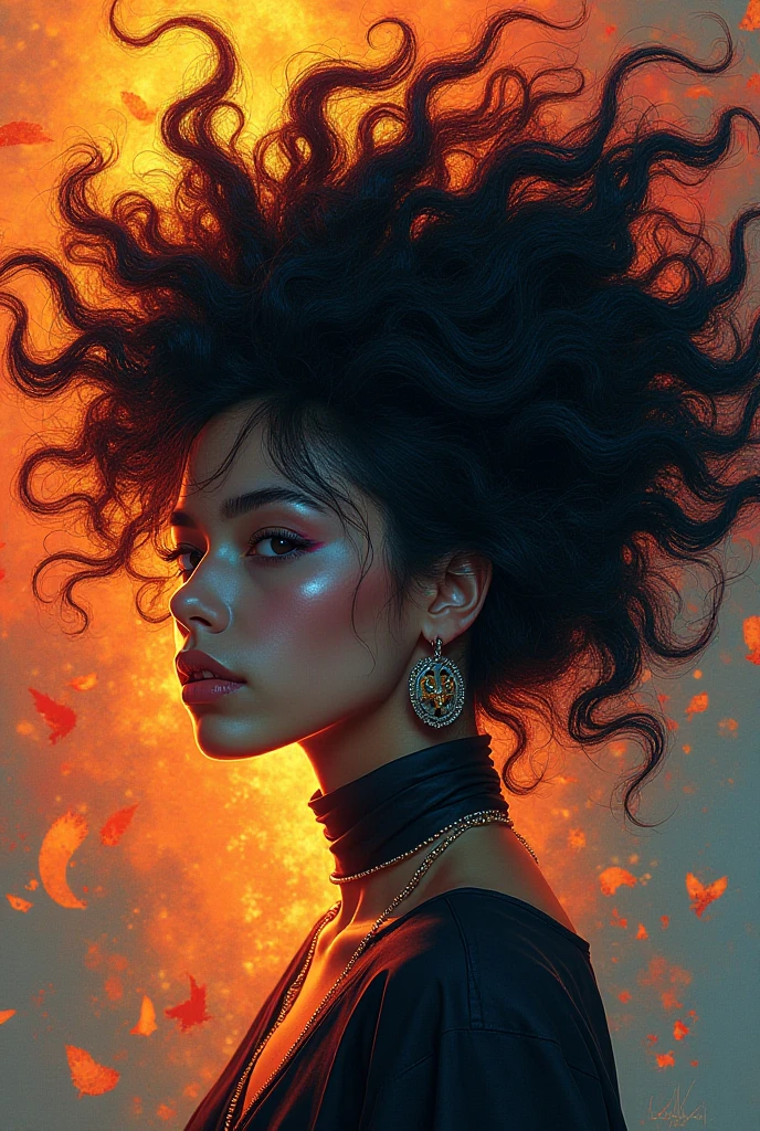 A dark woman with long curly hair emerges her burning figure in an environment of absolute infinite cosmos, her tears are stars