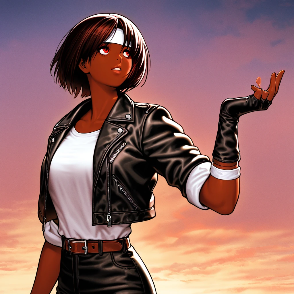 Masterpiece,Top Quality,Details XL, 1girl, solo, oblique, looking up, twilight sky, clouds, dark hair, short cut, red eyes, parted lips, brown skin, medium , ((black leather jacket with rolled up sleeves)), black fingerless gloves, white T-shirt, ((white headband)), black pants, white shoes, brown belt