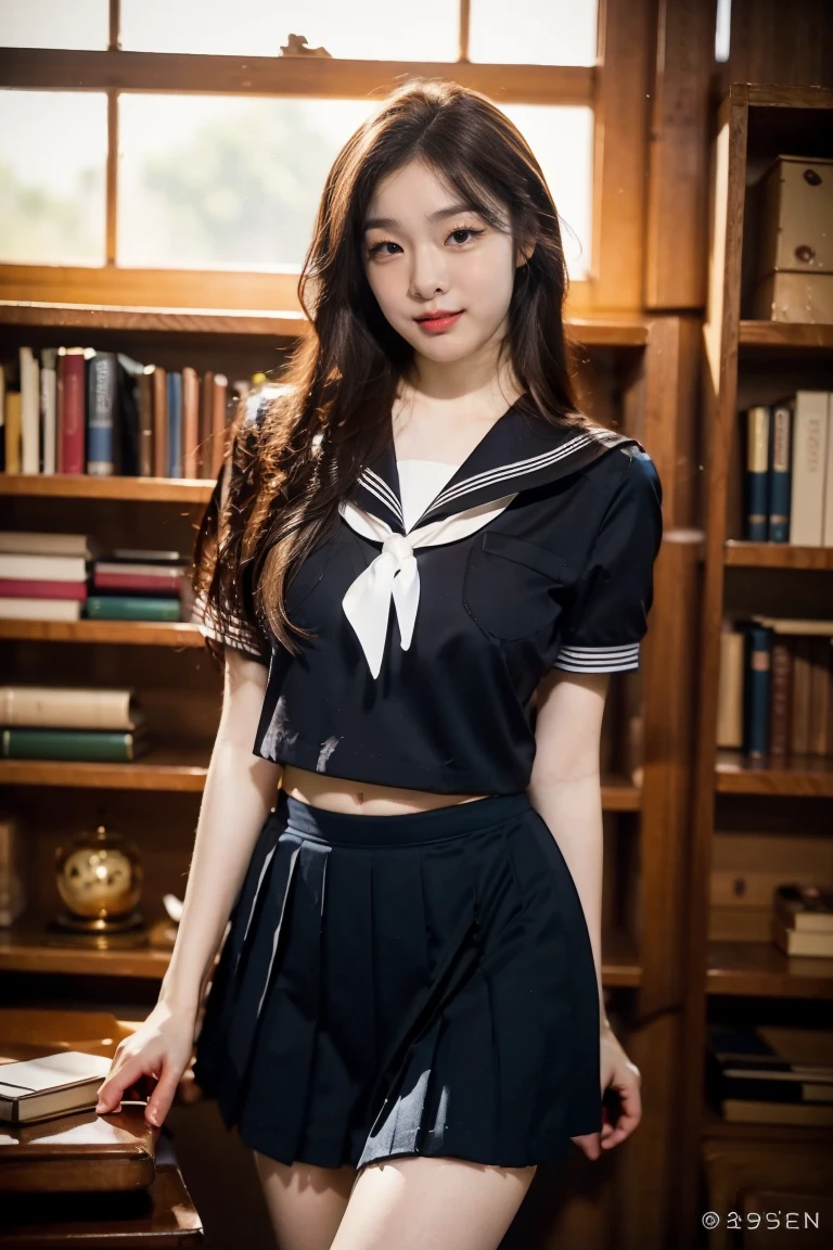 ((highest quality、8k、masterpiece:1.3)),((((cowboy shot)))),Ultra-high resolution,big eyes,Japanese,bangs,(a girl),(1 girl),((20 years old)),,((facing at viewer)),(long hair),(((black sailor uniform))),((sitting on chair)),(pleated mini skirt),(((pussy))),((skirt lift))