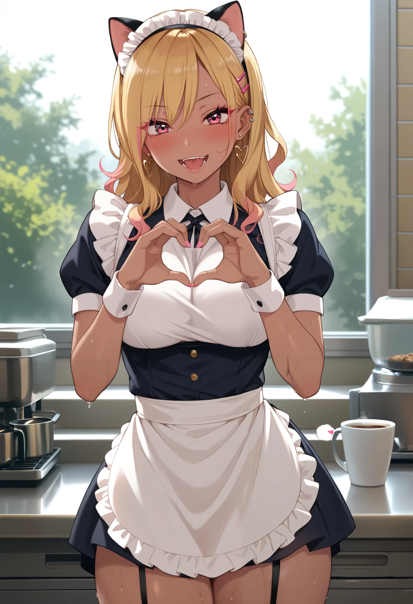 (score_9, score_8_up, score_7_up, score_6_up), anime, high res image, Beautiful girl with slim body, (masterpiece, detailed:1.2), (1gyaru girl:1.5), (blonde hair, long wavy hair, bangs), (earrings, ear piercings), (dynamic poses), looking at viewer, (blushing red, aroused), (purple eyes, detail eyes), Beautiful eyes, (big perky breast:1.2), (thick hips, thick thighs), (beautiful detailed face, beautiful detailed eyes), ((maid outfit, maid apron, cat ears headband)), (coffee shop), ((cowboy shot:1.3)), seductive, wet skin, very sweaty, very wet skin, lustrous skin, lustful skin, erotic skin, sweat drop on skin, steaming body, (cute heart pose:1.3)