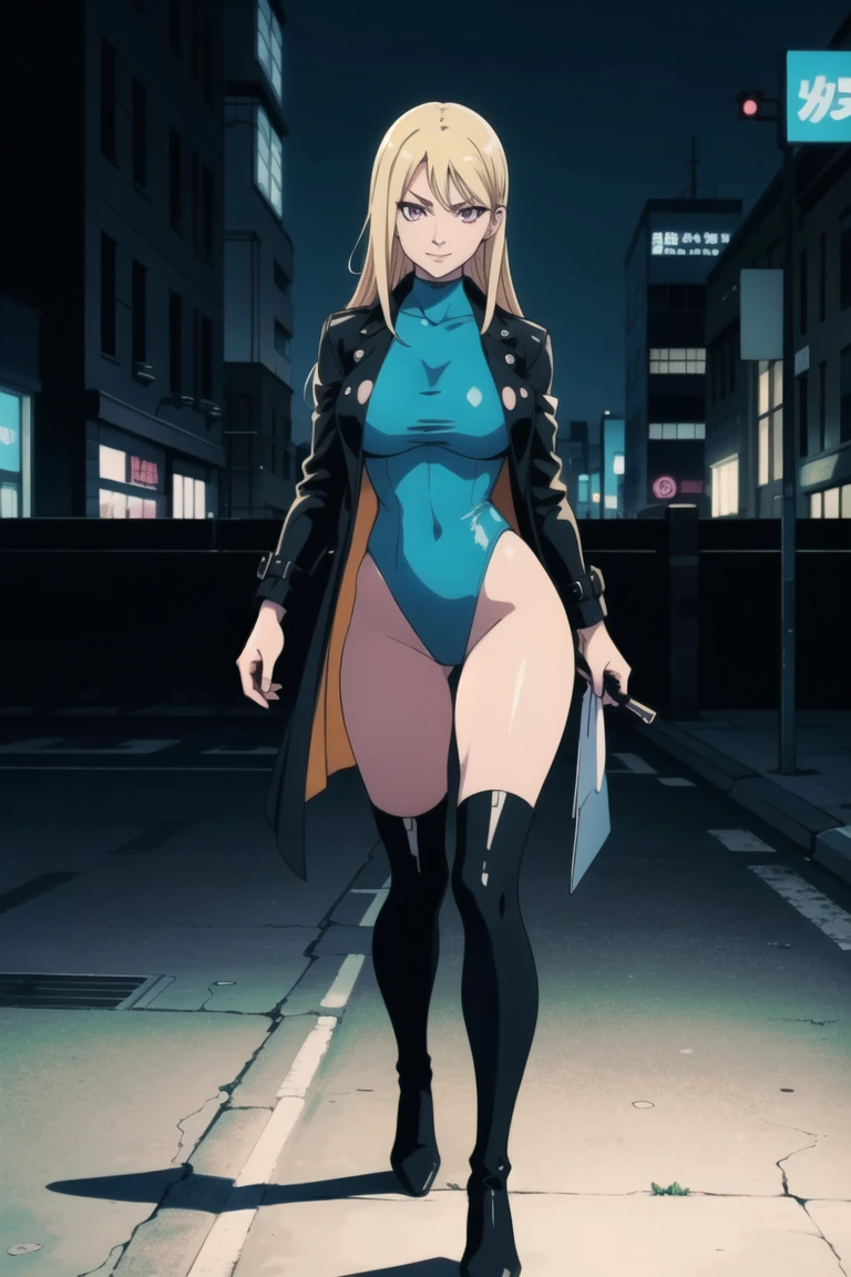 Masterpiece, best quality, Masterpiece, best quality, 1 woman , blue eyes , yellow ponytail , black leather jacket , sly face , smile , bikini , abdomen, big breasts , Long legs , boots , hands on hips , abandoned factory