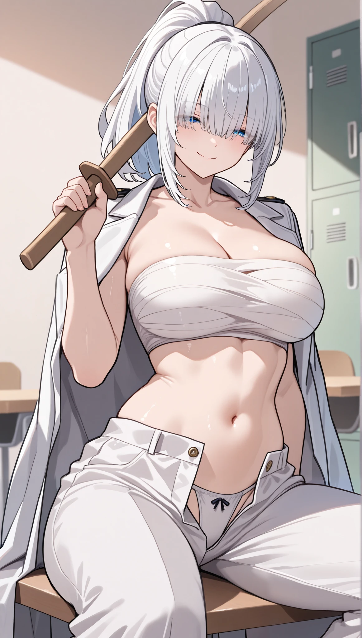 1girl,bousouzokku,  white hair, ponytail, wooden sword on hand shoulder, serious,  half closed eyes, japanese writing on clothes, tomboyish smile, dead end,hair over eyes,
sarashi, white coat, long pants, open pants sexy panties visible,
cleavage, stomach, voluptuous body.
(masterpiece:1.2), (best quality:1.2), (very aesthetic:1.2), (absurdres:1.2), (simple background: school, lockers, several tables and chairs, sitting in top pose), newest, intricate details, perfect anatomy.