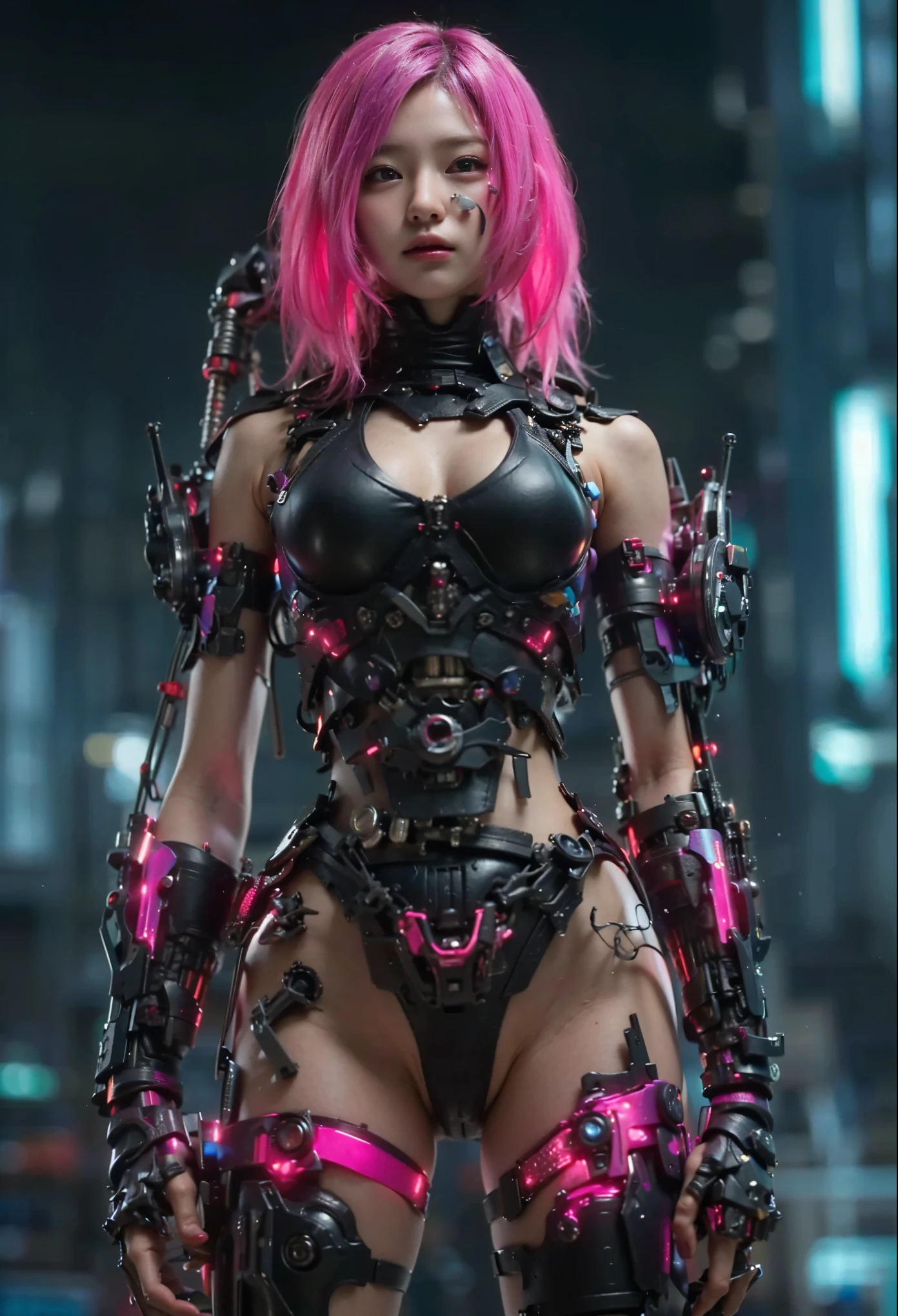(Completely live action:1.37), (Amazingly realistic textures:1.37), (masterpiece, best quality:1.2), (8k uhd, 16k, 32k, ultra high res), amazingly realistic skin, amazingly realistic photo, superrealism, (photorealistic:1.37), (RAW photo), ultimately realistic, (ultimately realistic all details), (ultimately realistic all textures), super realistic lighting, super realistic shadow, (japanese girl:1.5), ((young face)), smiling, happy, super realistic face, ultimately realistic skin, ultimately realistic eyes, (mascara:1.35)ultimately realistic background, ultimately realistic detail up, kkw-ph1, ((drooping eyes, cyberpunk-style cyborg girl, amazingly intricate details, Anatomically perfect hands, mechanical body, silver knight armor, ultra glossy texture, purple hair))
